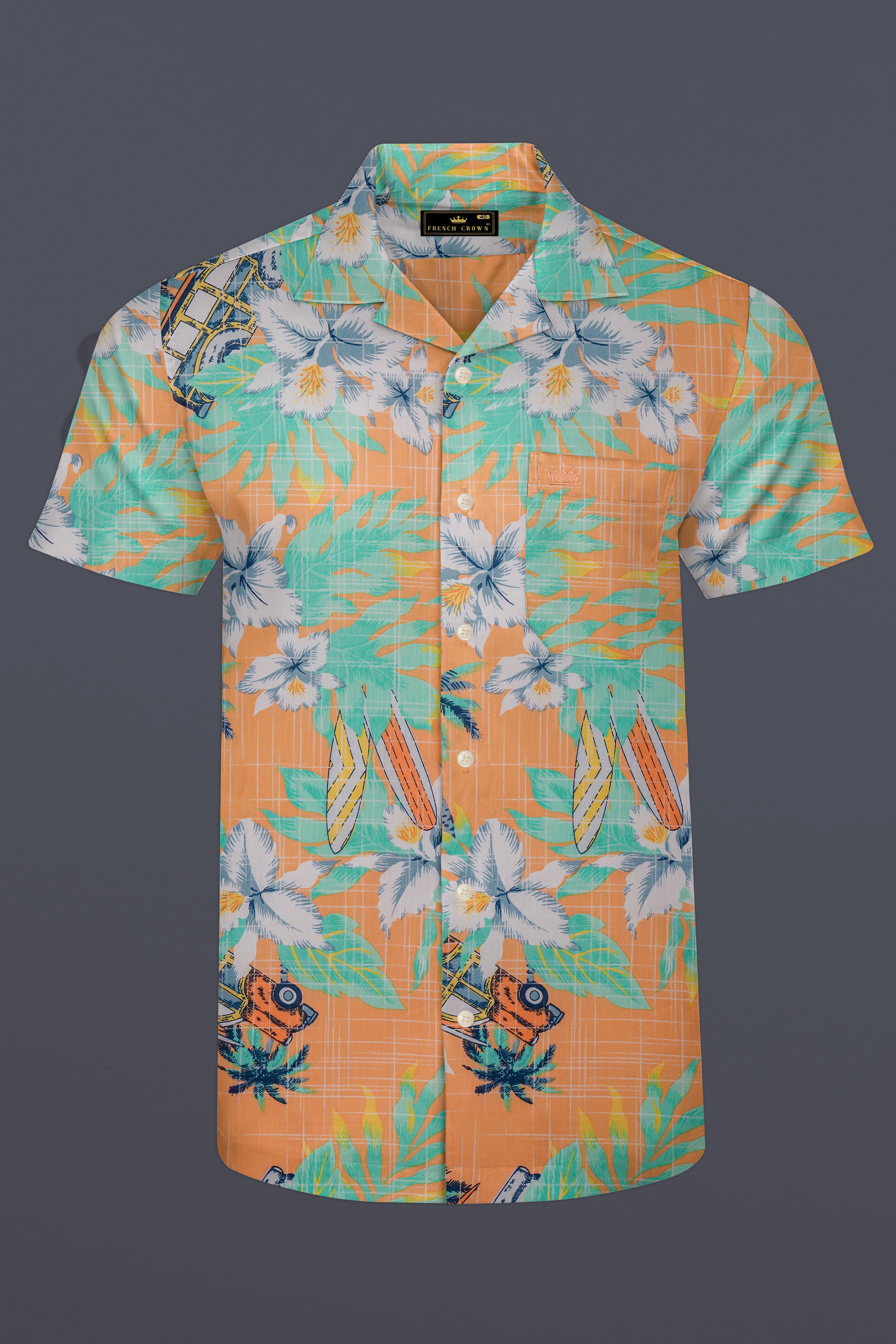 Botanira-Apricot Orange And Viridian Green Floral Printed Chambray Premium Cotton Shirt