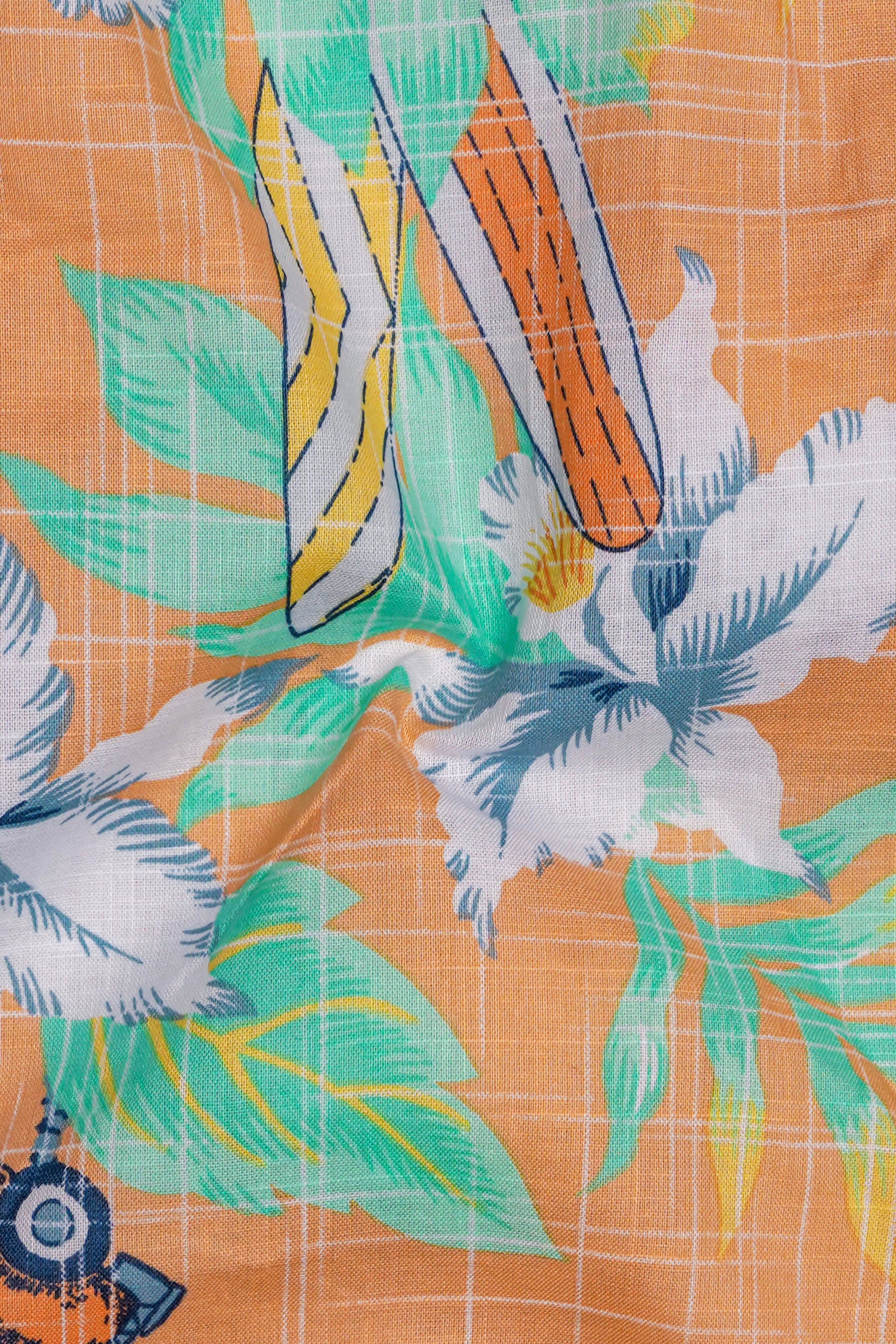 Botanira-Apricot Orange And Viridian Green Floral Printed Chambray Premium Cotton Shirt