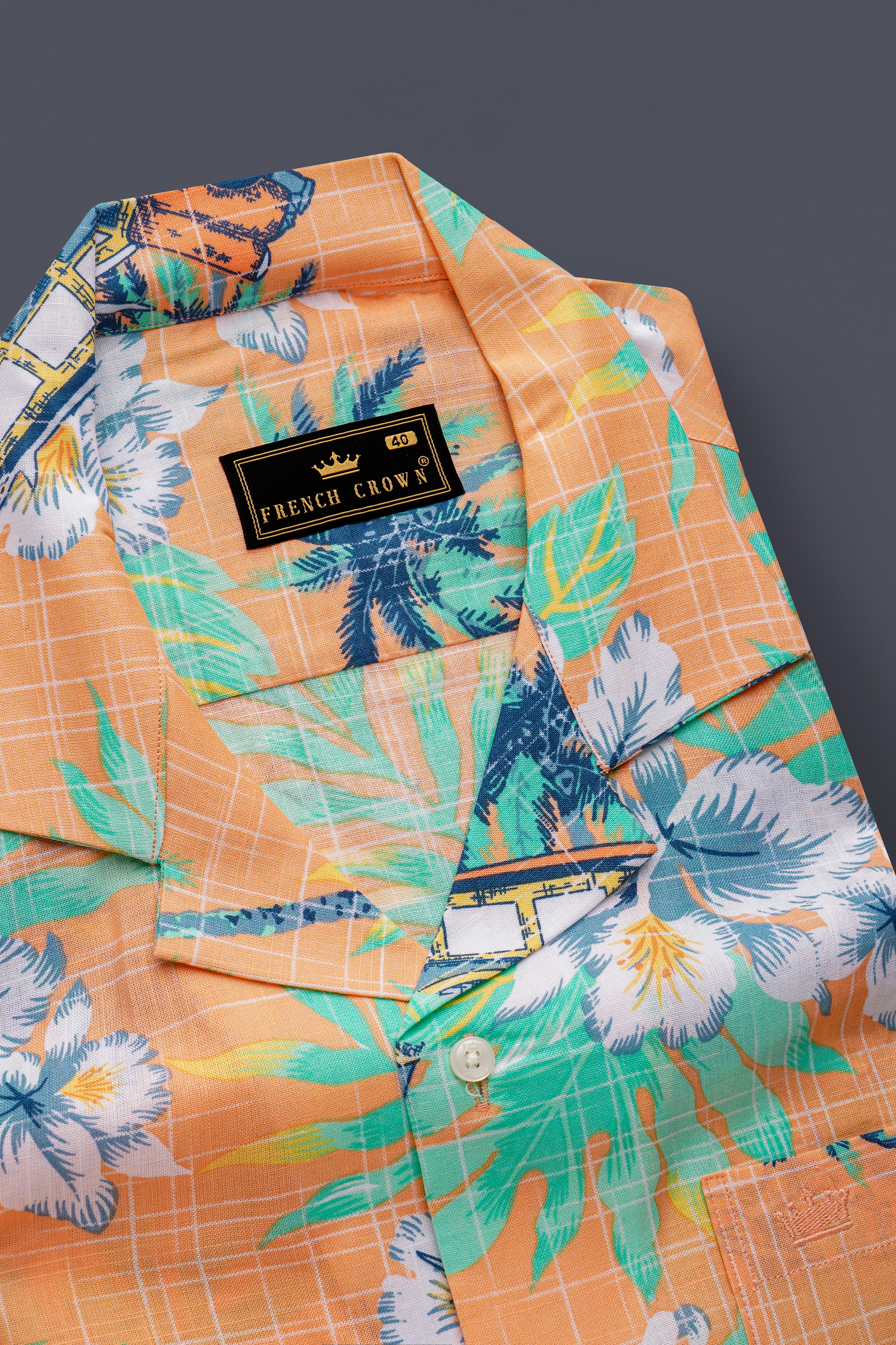 Botanira-Apricot Orange And Viridian Green Floral Printed Chambray Premium Cotton Shirt