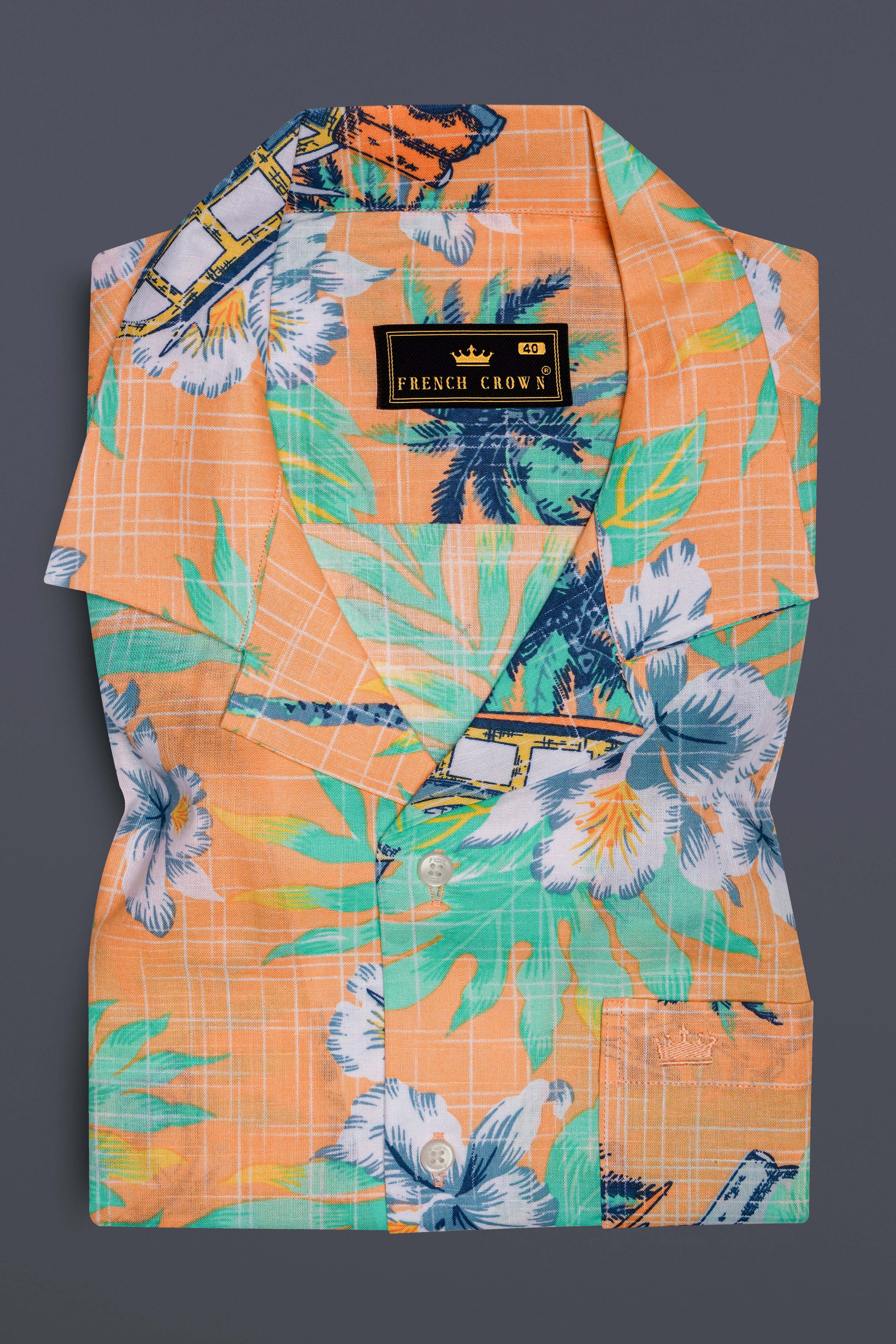 Botanira-Apricot Orange And Viridian Green Floral Printed Chambray Premium Cotton Shirt