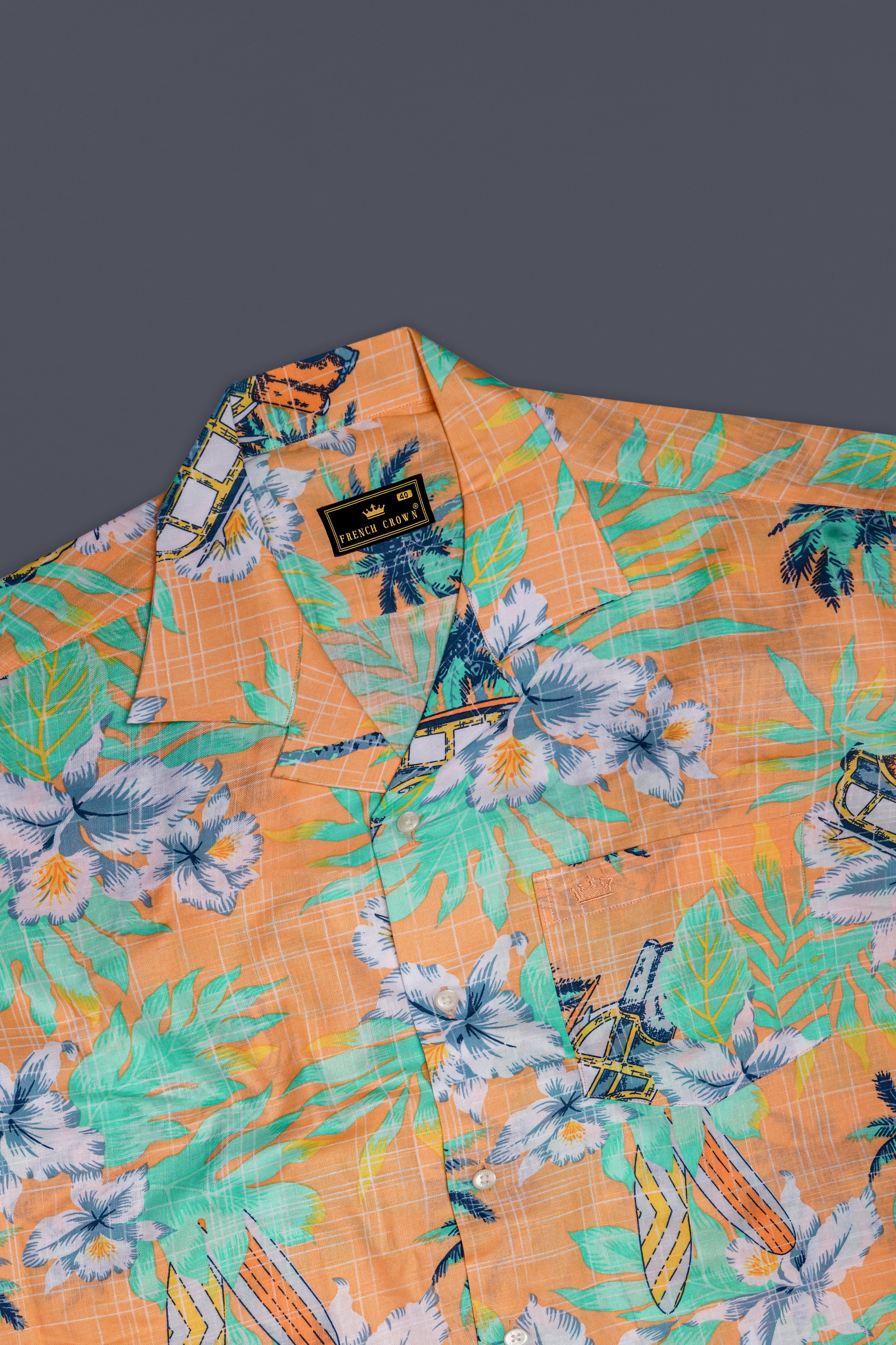 Botanira-Apricot Orange And Viridian Green Floral Printed Chambray Premium Cotton Shirt