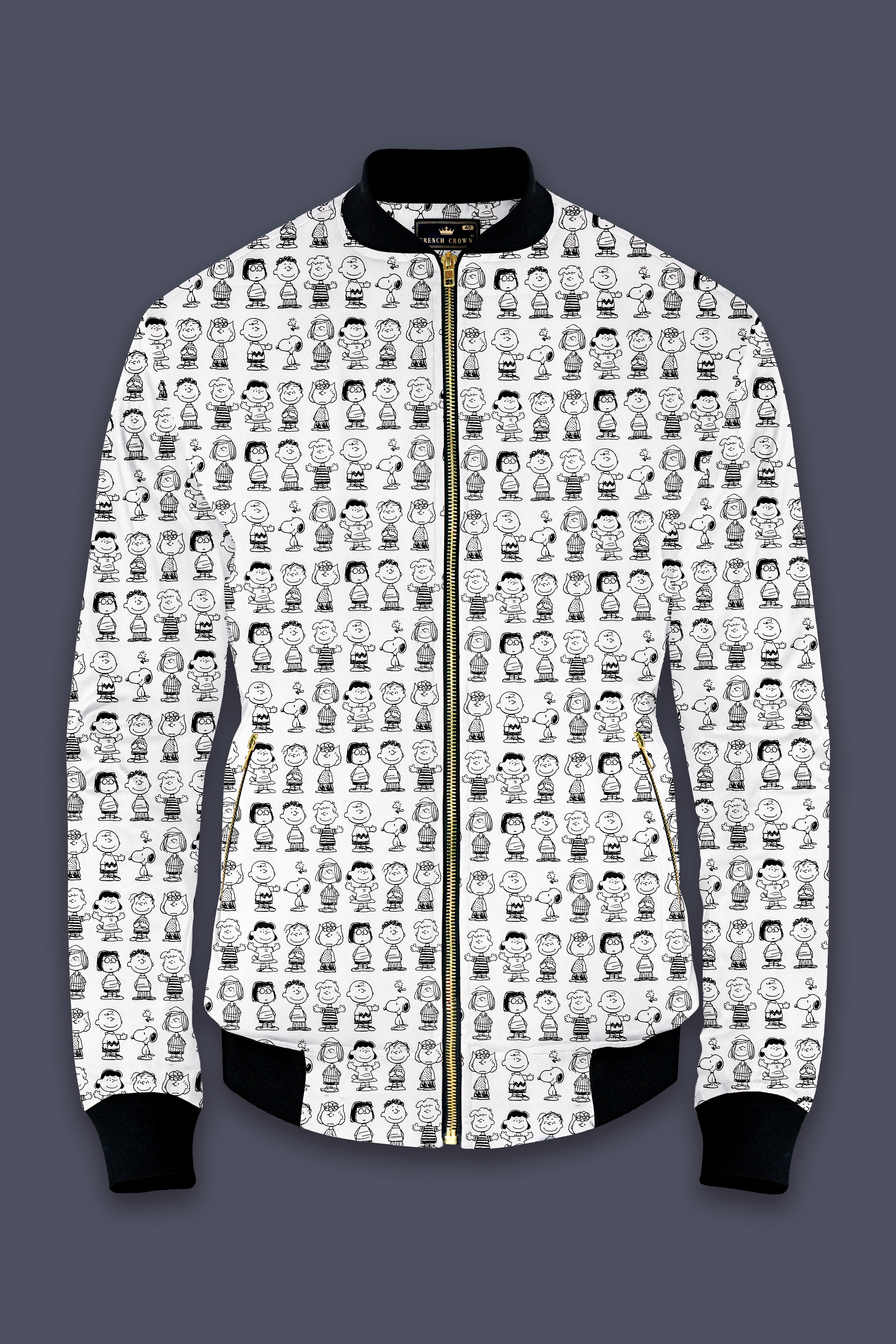 Doodle Luxe-Bright White Cartoon Clipart Printed Premium Cotton Bomber Jacket