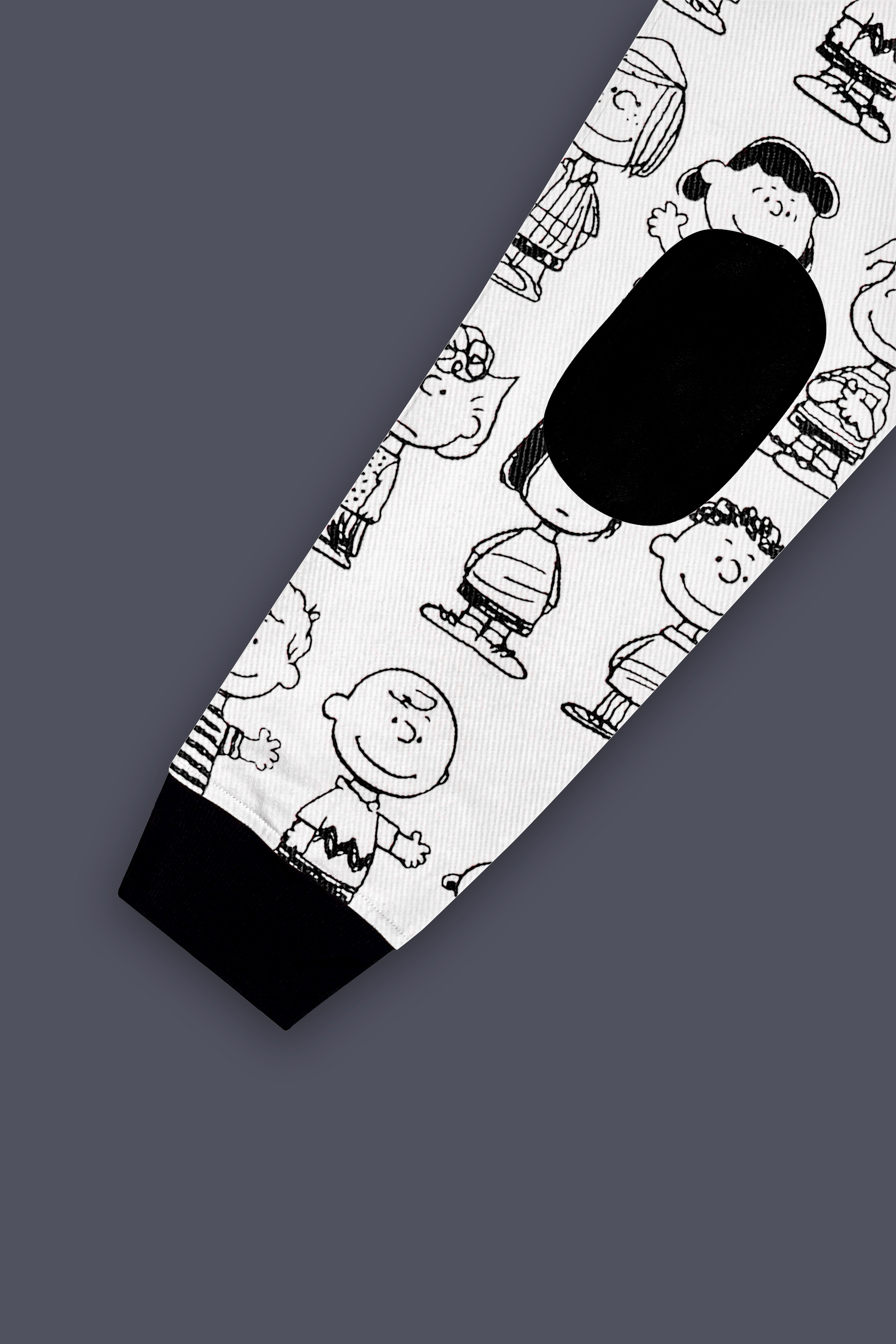 Doodle Luxe-Bright White Cartoon Clipart Printed Premium Cotton Bomber Jacket