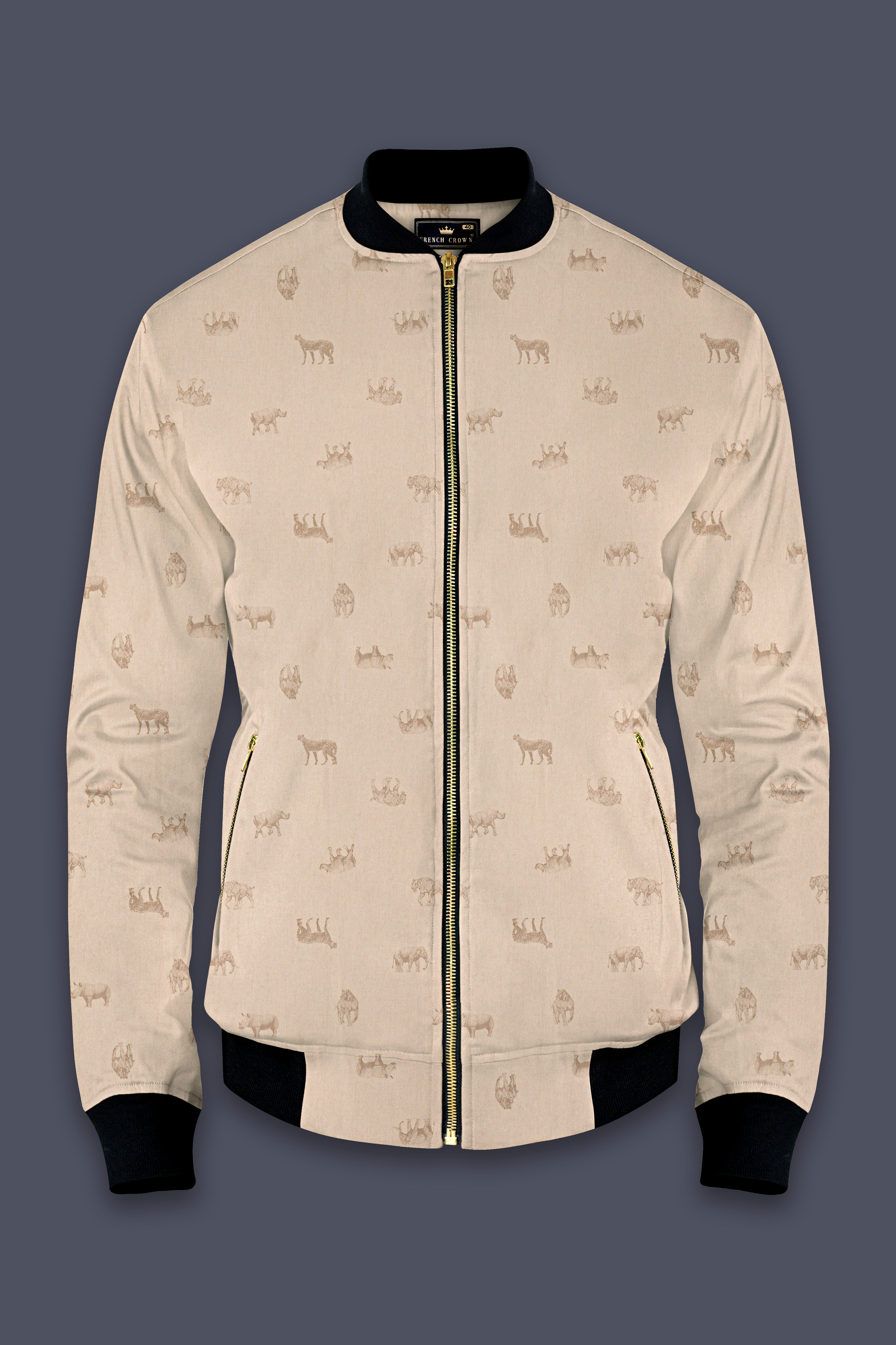 Ivory Wild-Vanilla Cream Animal Printed Premium Cotton Bomber Jacket