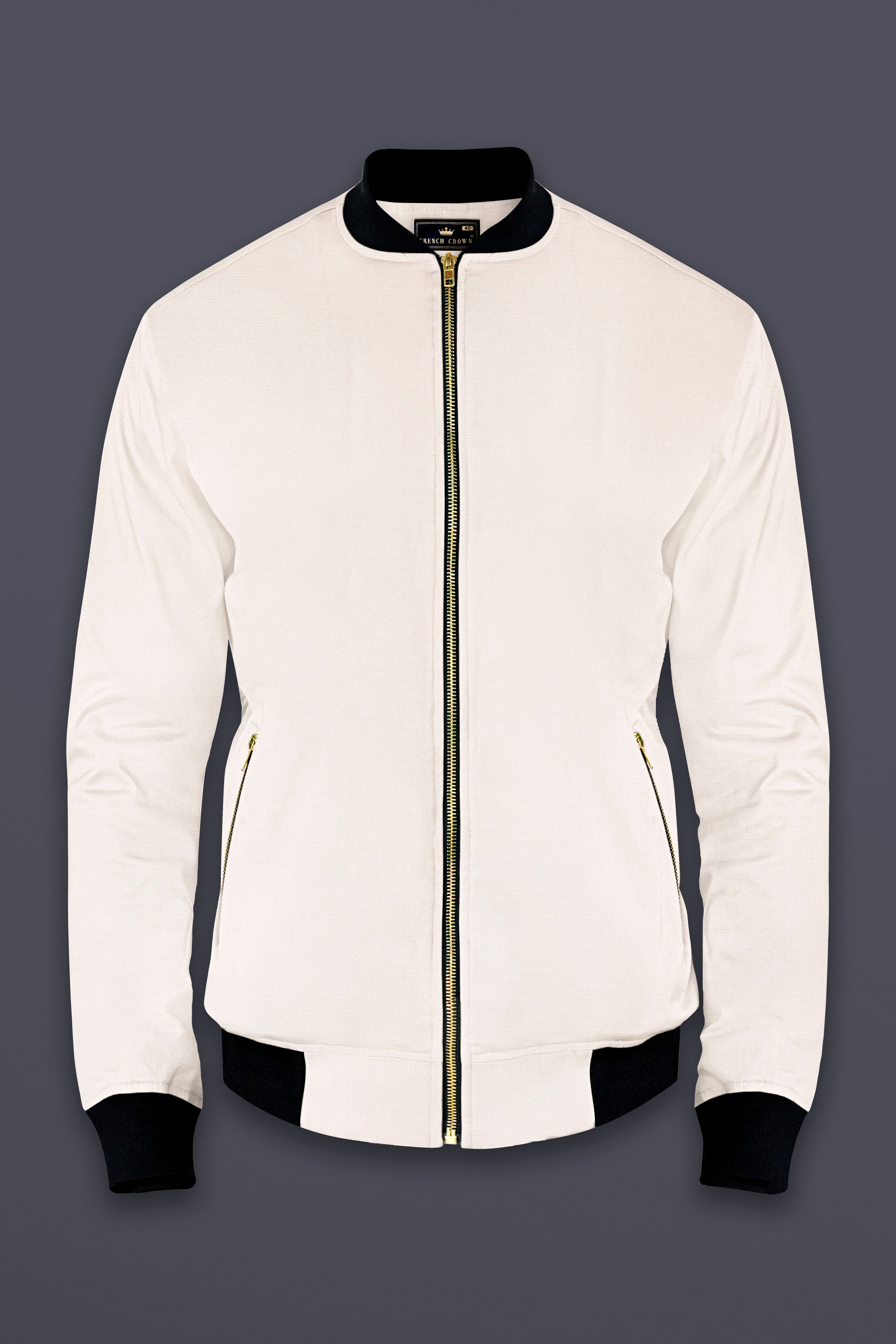 Merino Cream Solid Premium Cotton Bomber Jacket