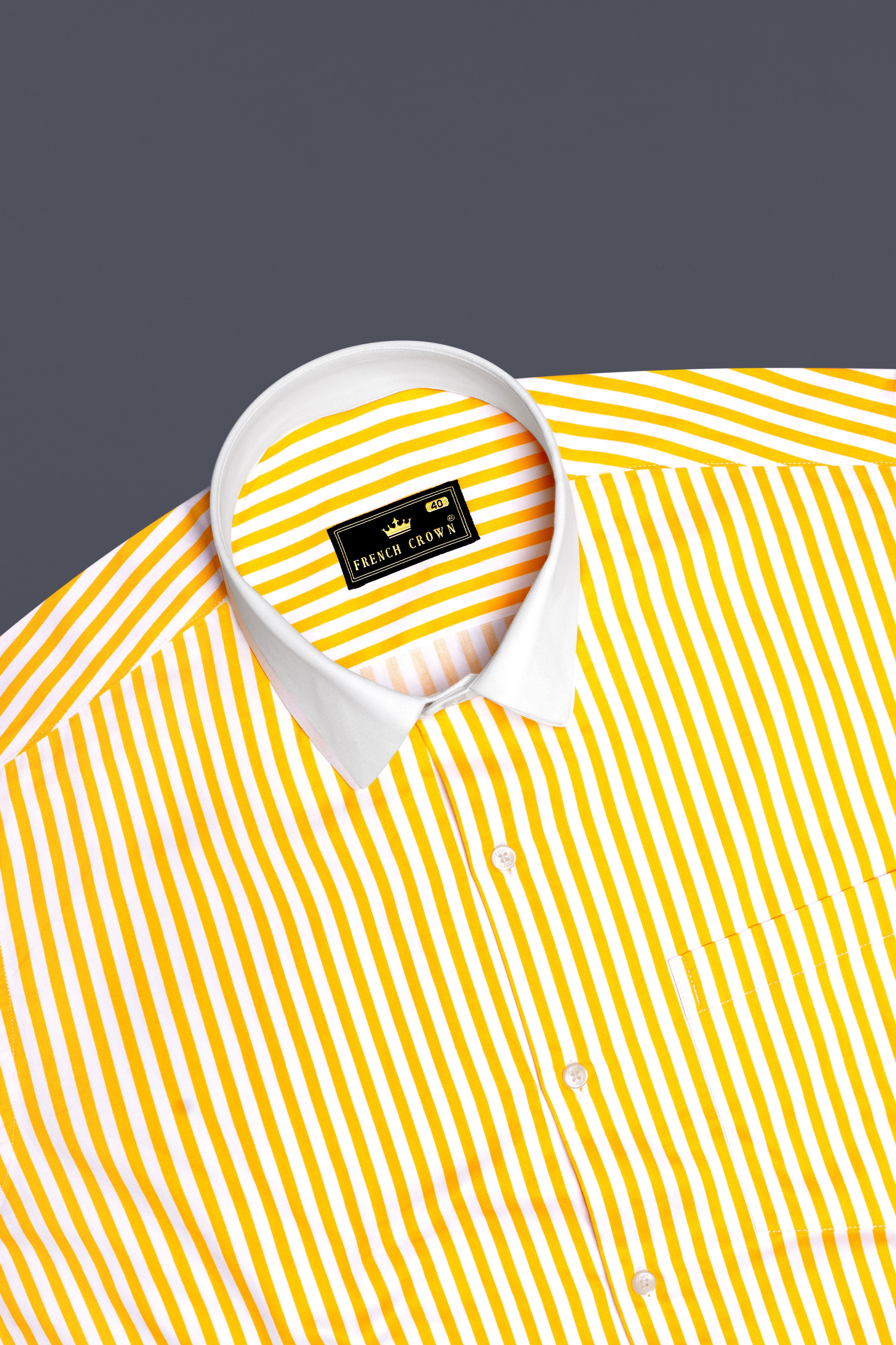 Aurisel-Koromiko Yellow And Bright White Striped Super Soft Premium Cotton Formal White Cuff Collar Shirt