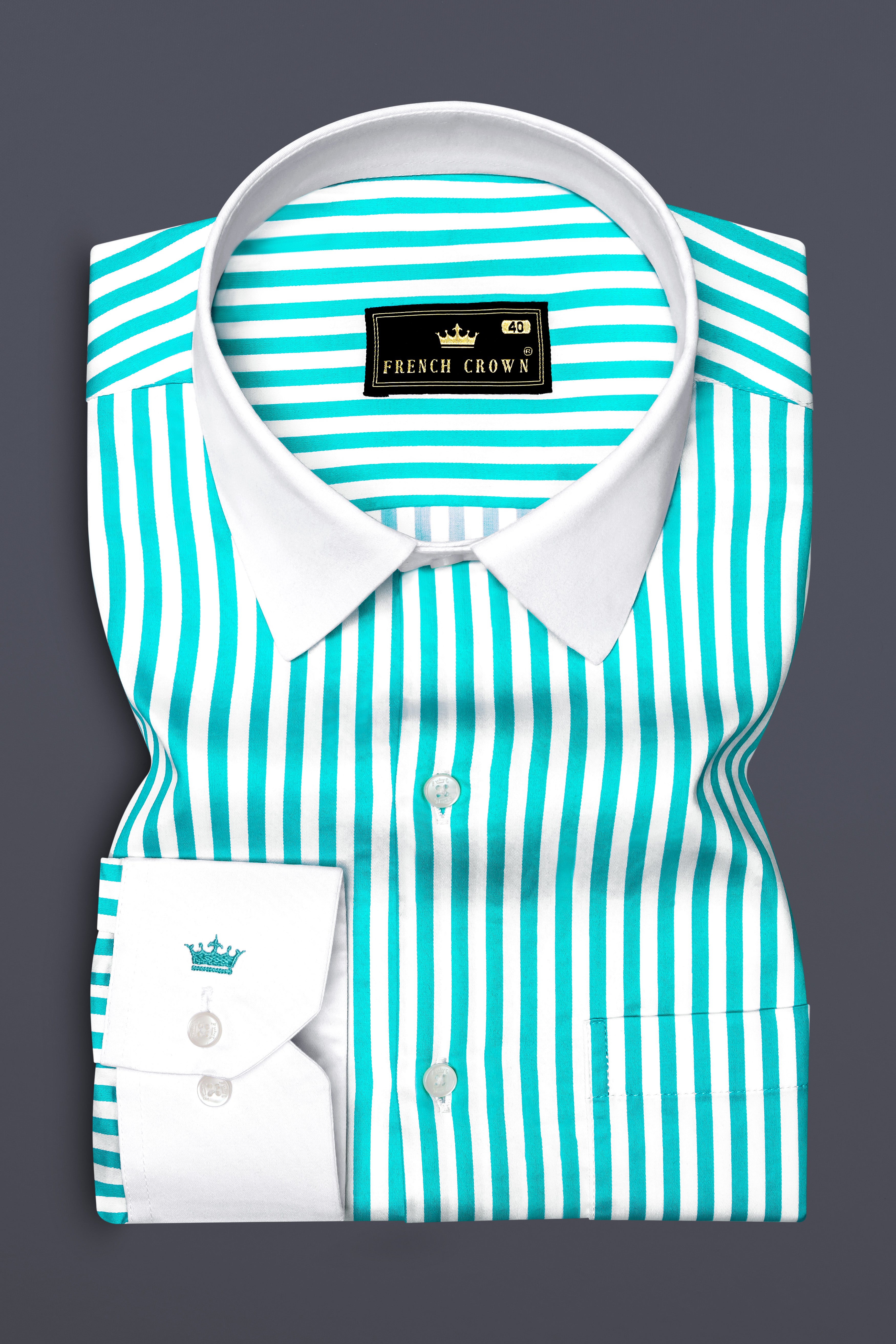 Azurelin-Lochinvar Blue And Bright White Striped Super Soft Premium Cotton Formal White Cuff Collar Shirt