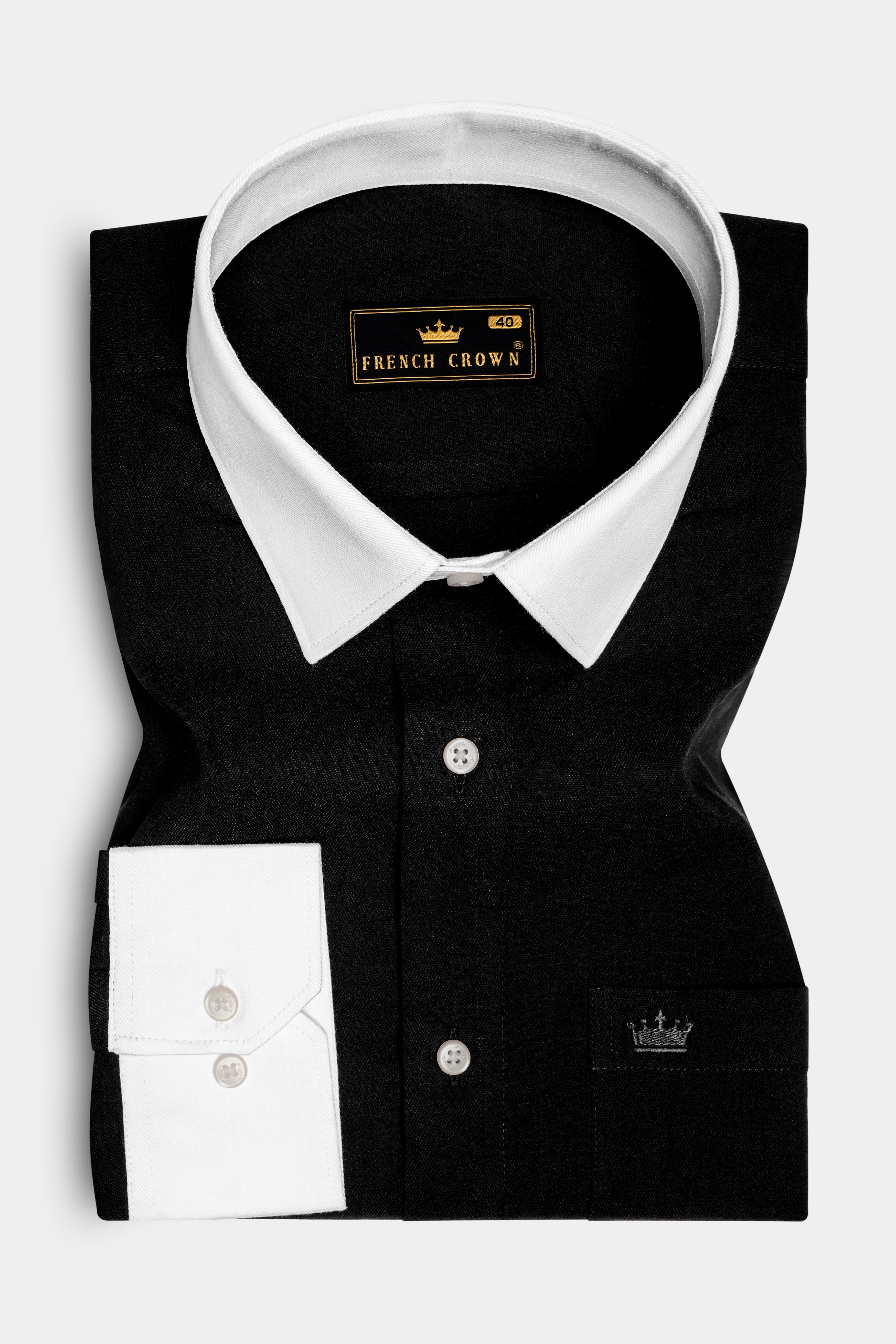 Noircuff-Jade Black Twill Premium Cotton White Cuff Collar Dress Shirt