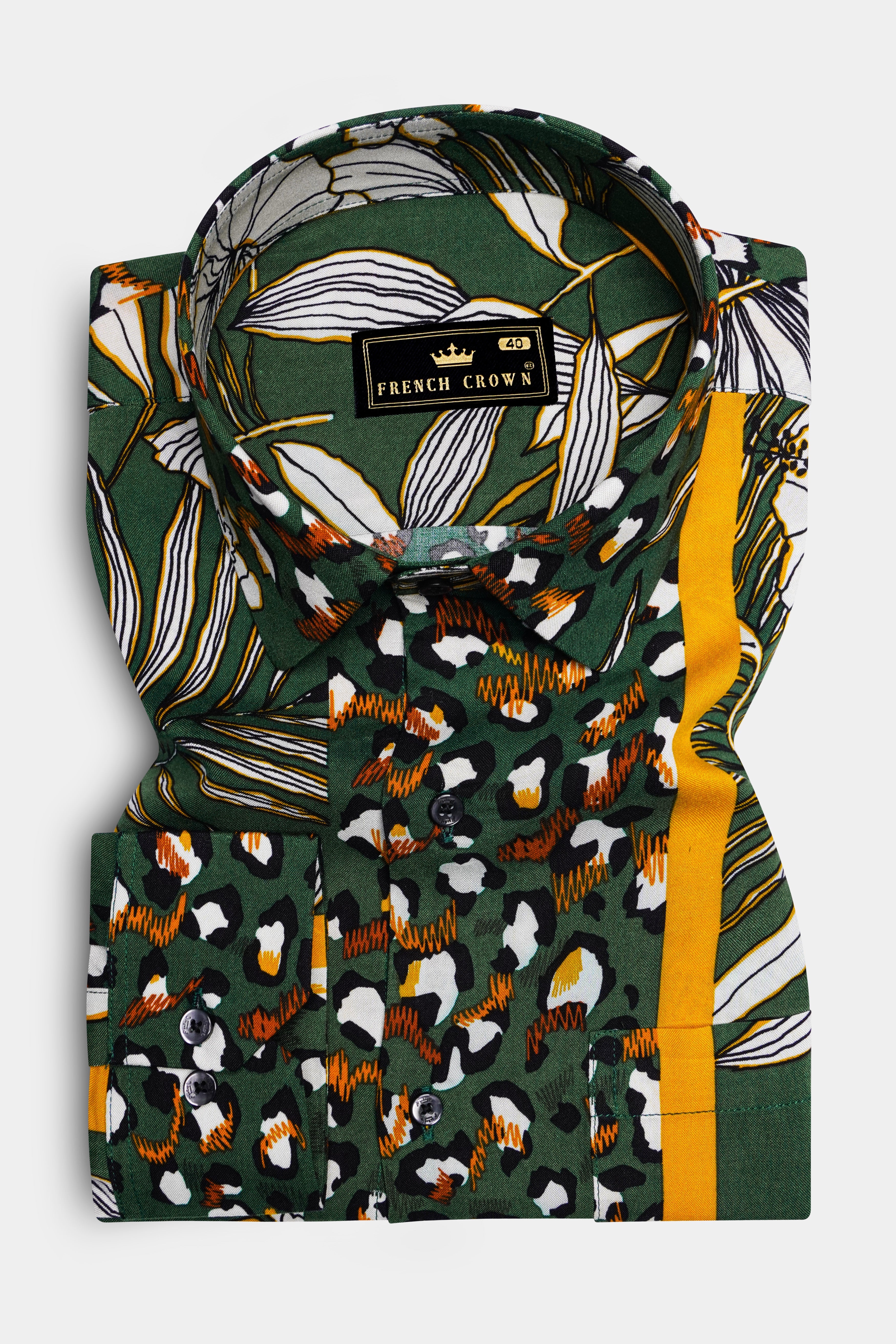 Leaforo-Rangitoto Green And Squash Yellow Floral Printed Super Soft Tencel Casual Shirt