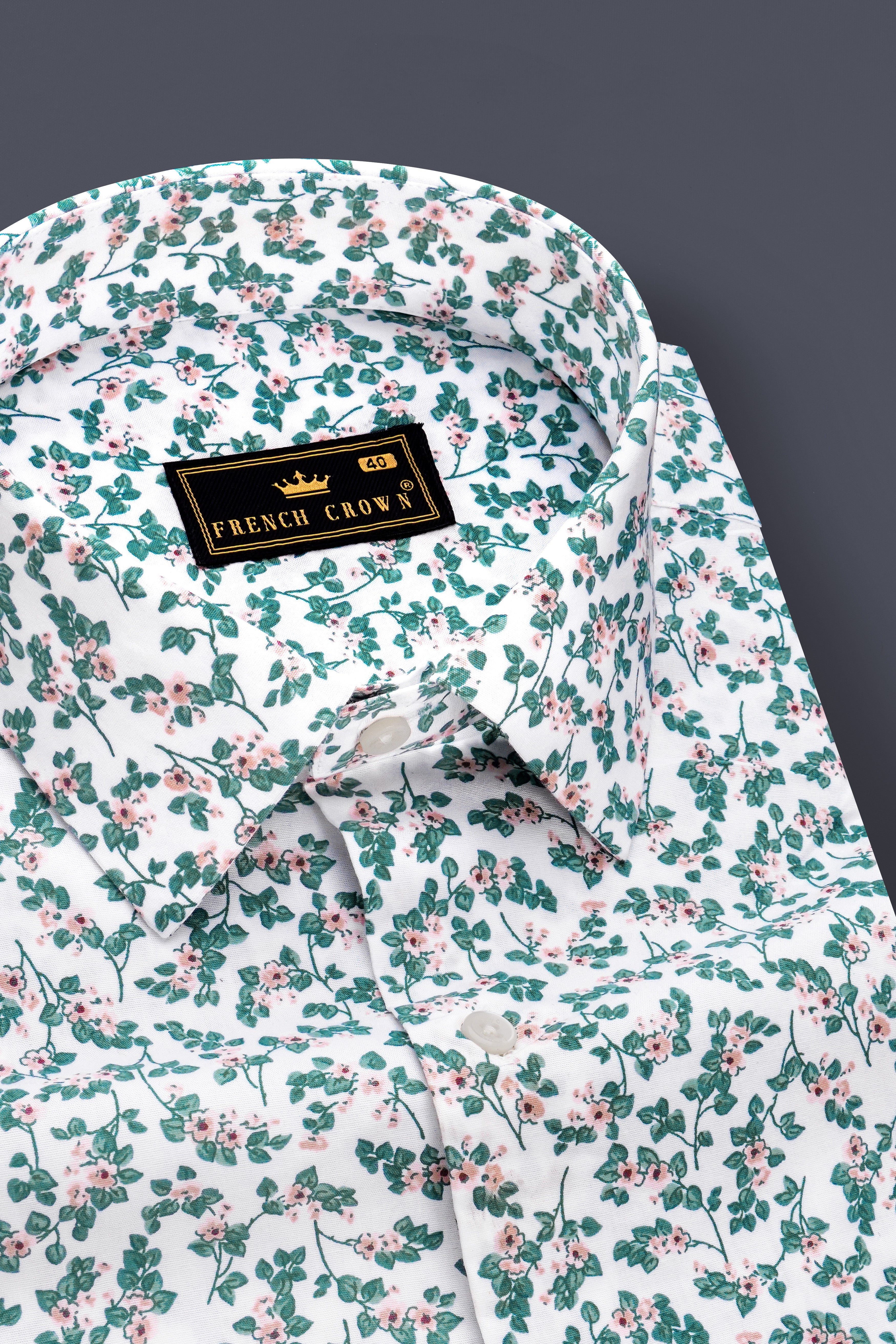 Virenza-Bright White With Spectra Green Ditsy Printed Super Soft Premium Cotton Semi Formal Shirt