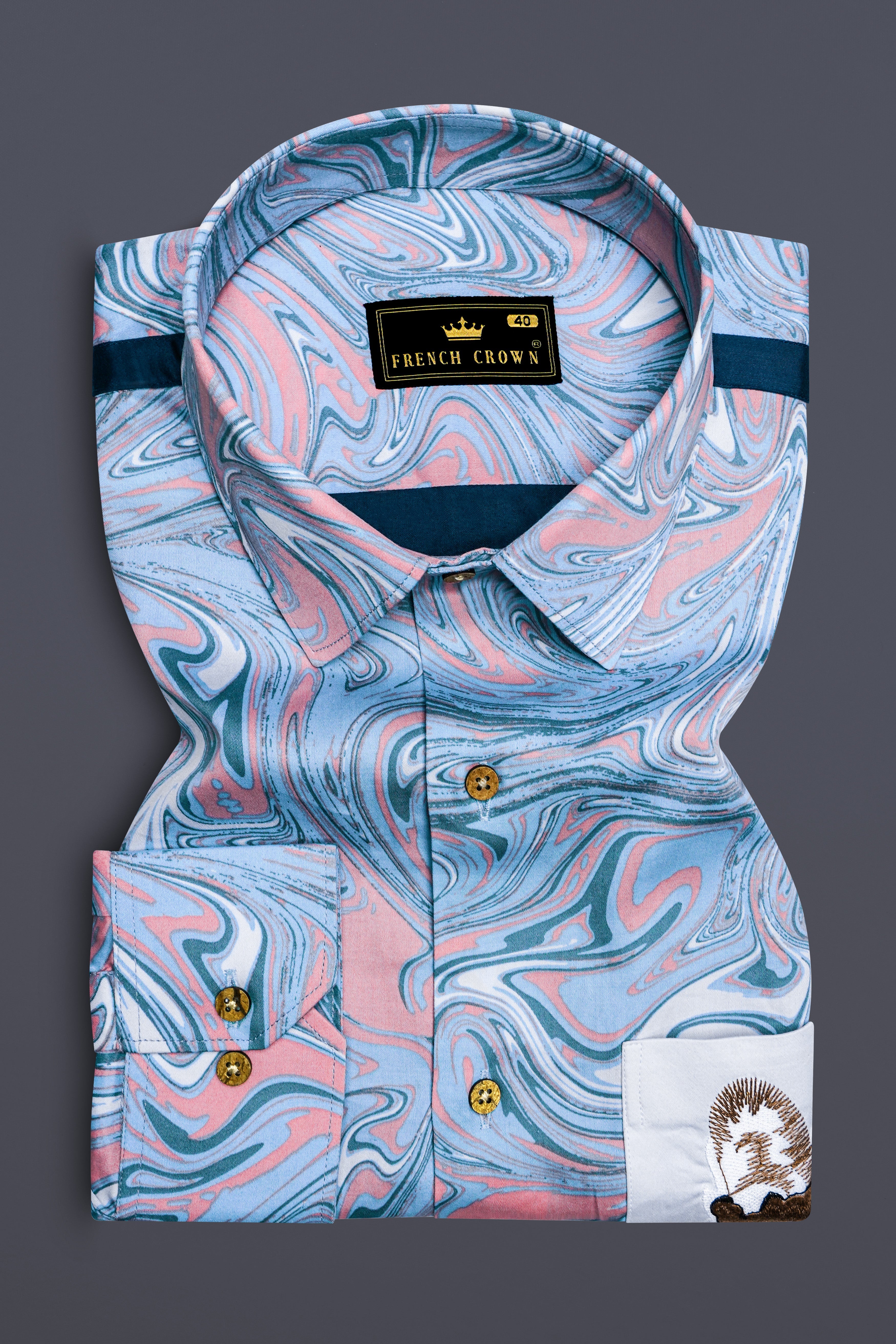 Faylin-Spindle Blue And Kawaii Pink Printed Fox Pocket Embroidered Super Soft Premium Cotton Casual Designer Shirt
