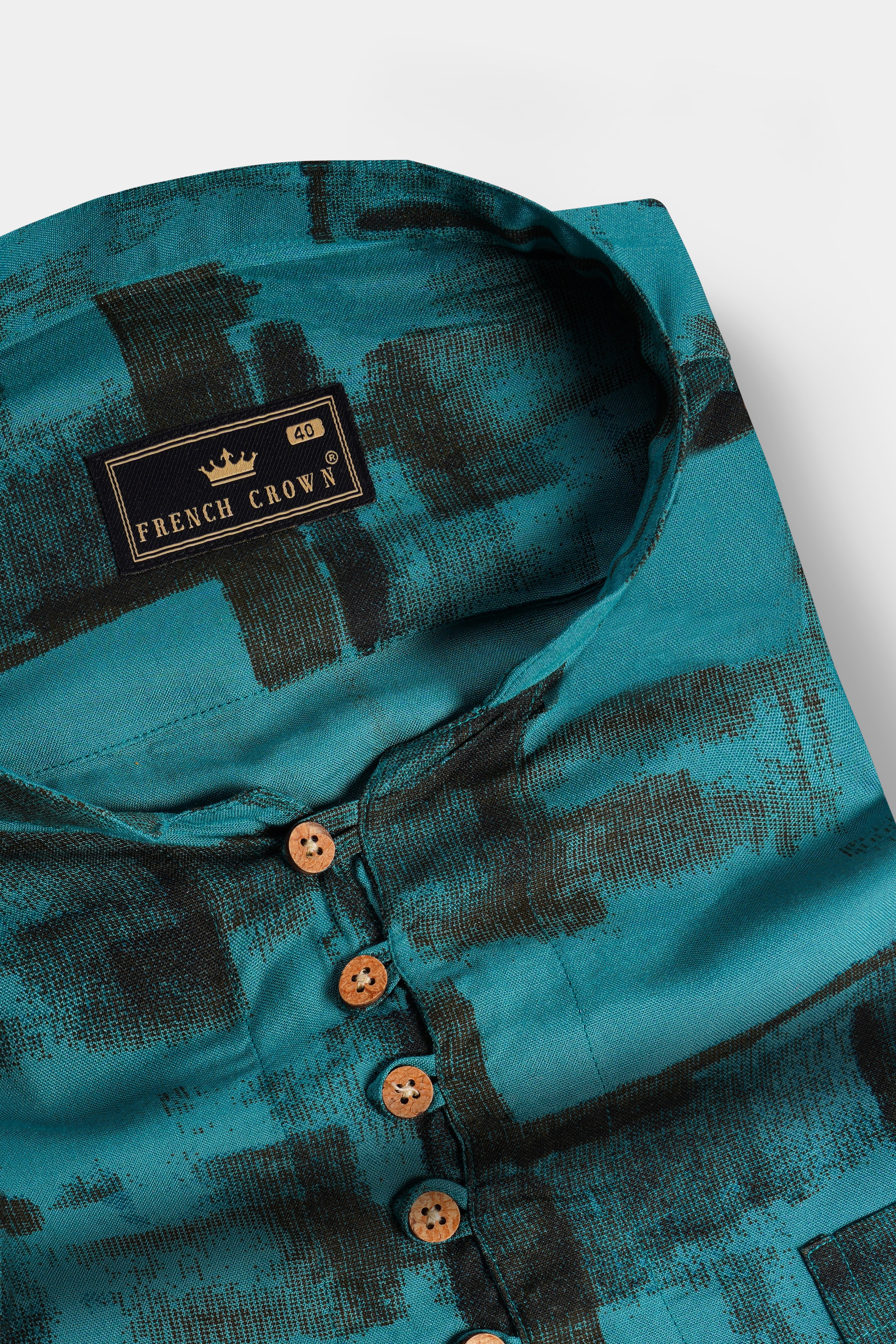 Noctric-Genoa Blue And Zeus Black Printed Super Soft Tencel Casual Kurta Shirt