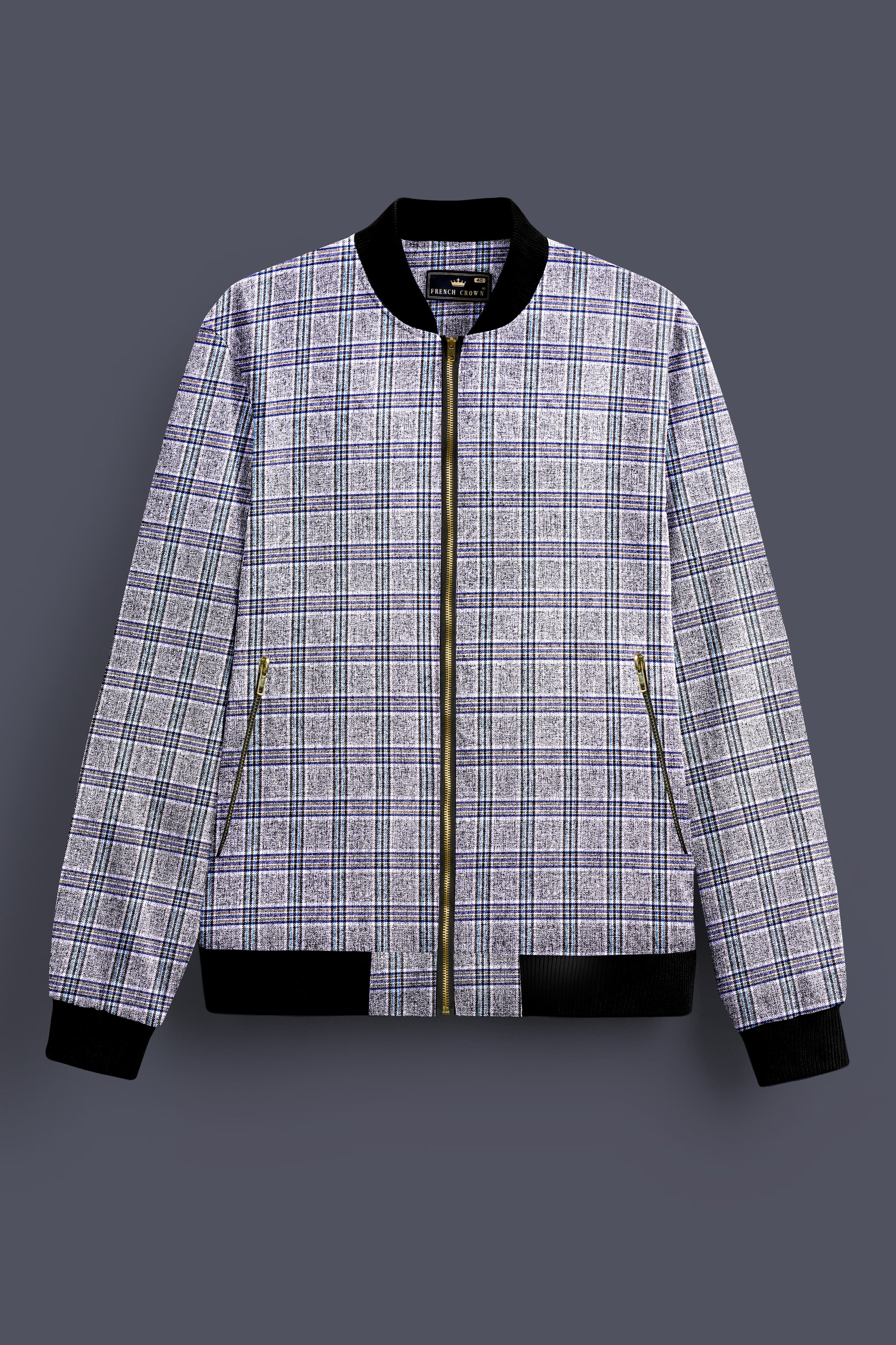 Pladiel-StarDust Gray with Martinique Blue Plaid Wool Rich Bomber Jacket
