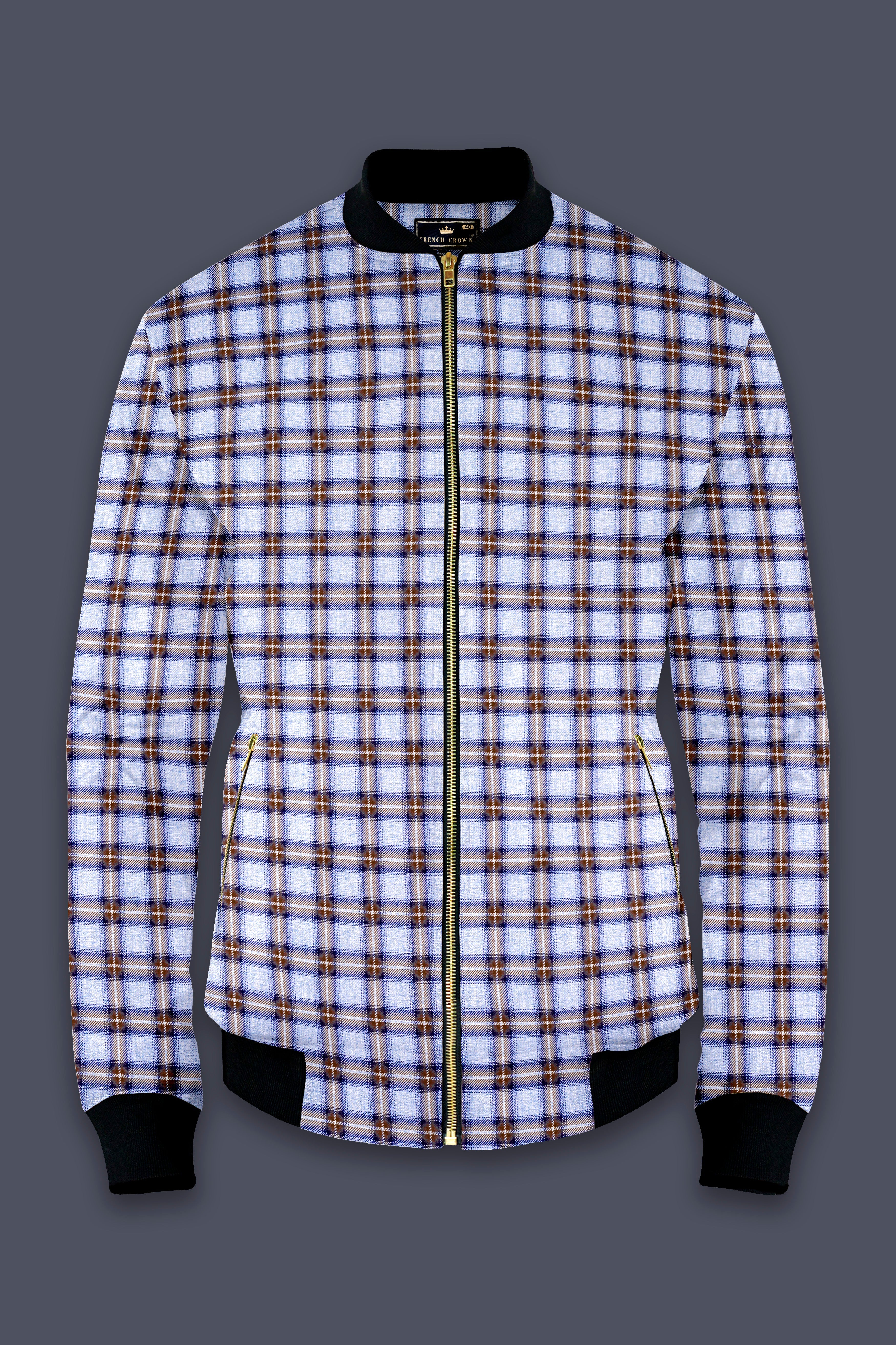 Castaire-Chateau Blue with Cocoa Brown Plaid Wool Rich Bomber Jacket