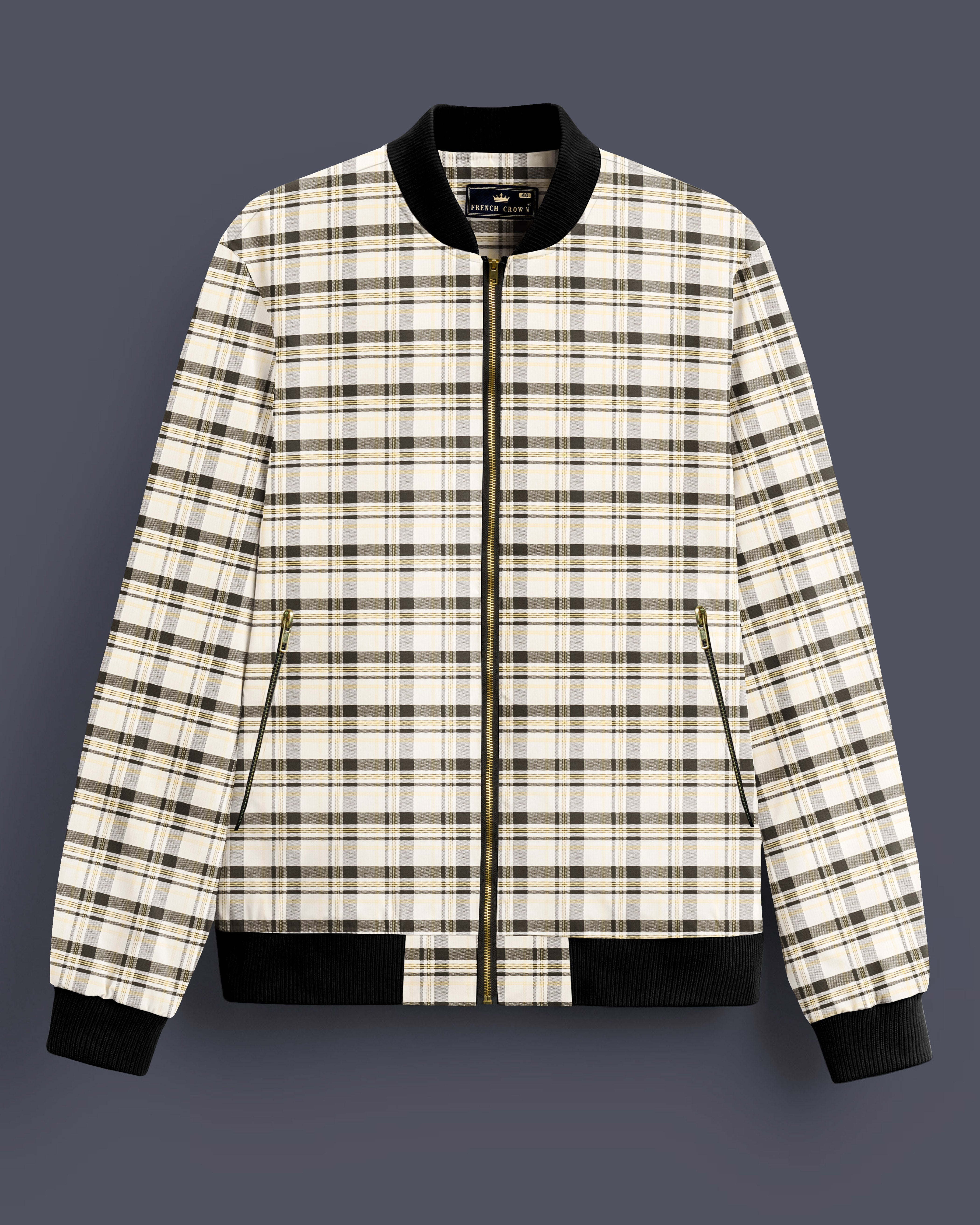 Mirella-Wheatfield Cream with Taupe Green Plaid Premium Cotton Bomber Jacket