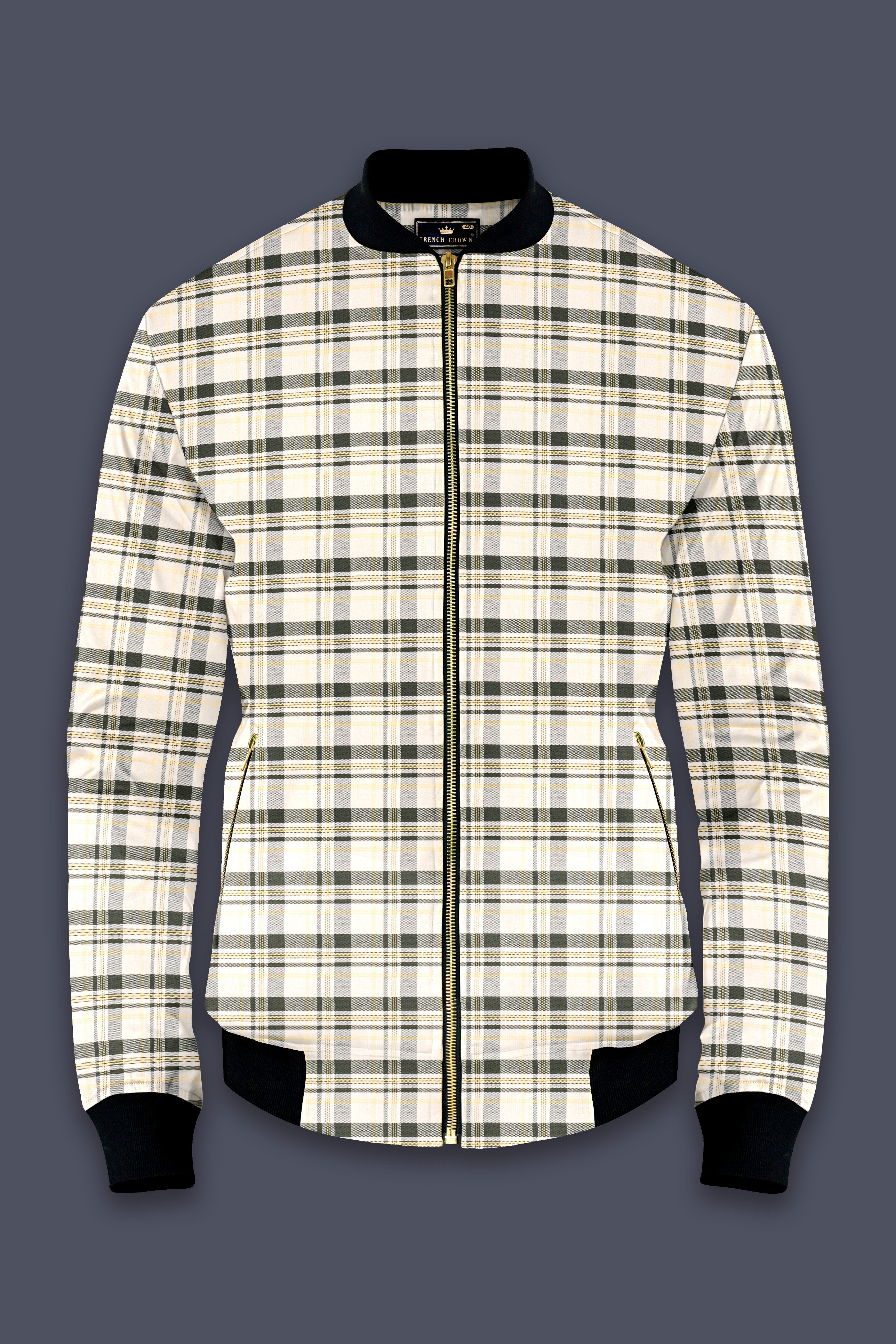 Mirella-Wheatfield Cream with Taupe Green Plaid Premium Cotton Bomber Jacket