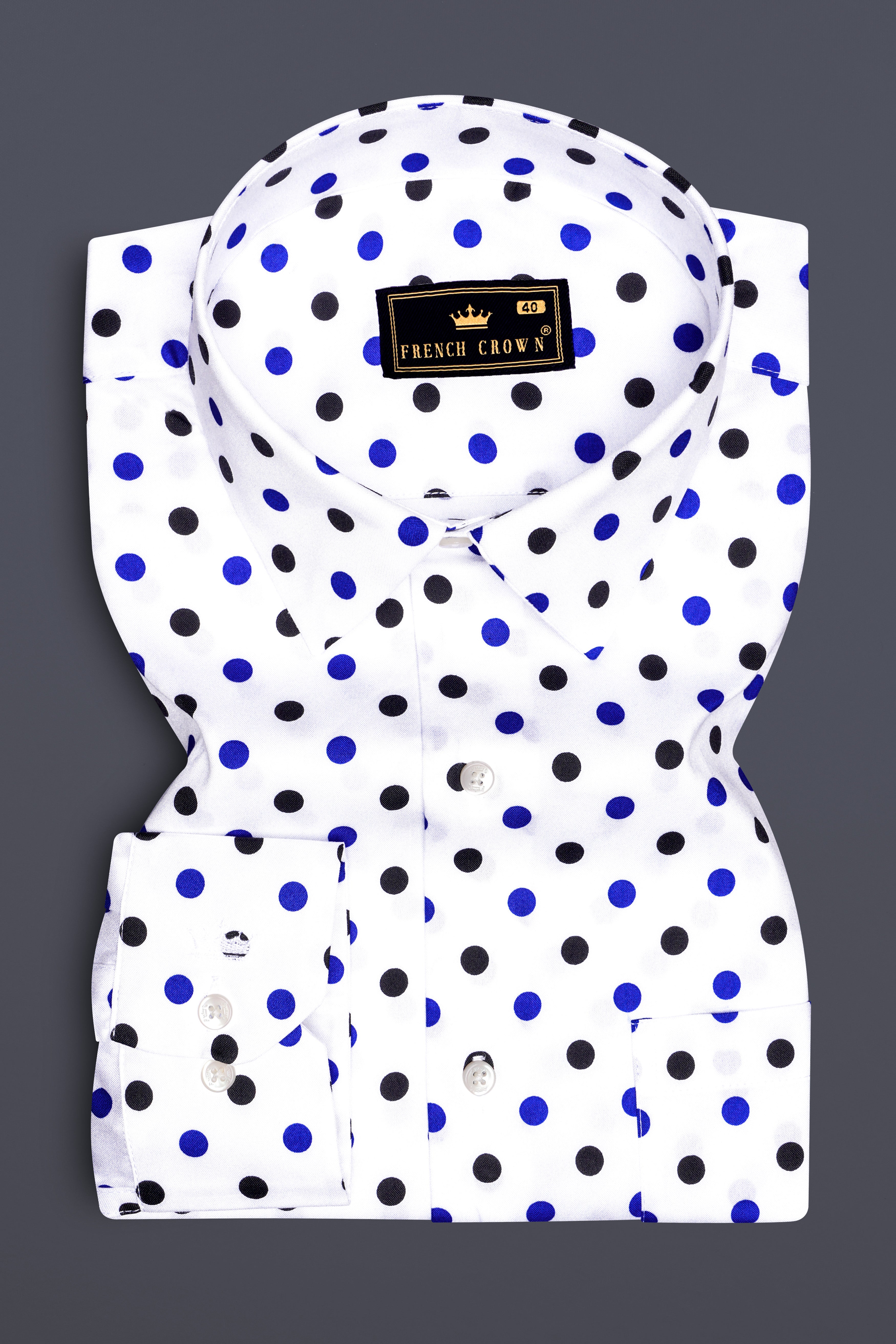Nivoro-Bright White And Zaffre Blue Polka Dots Printed Oxford Premium Cotton Semi Formal Shirt