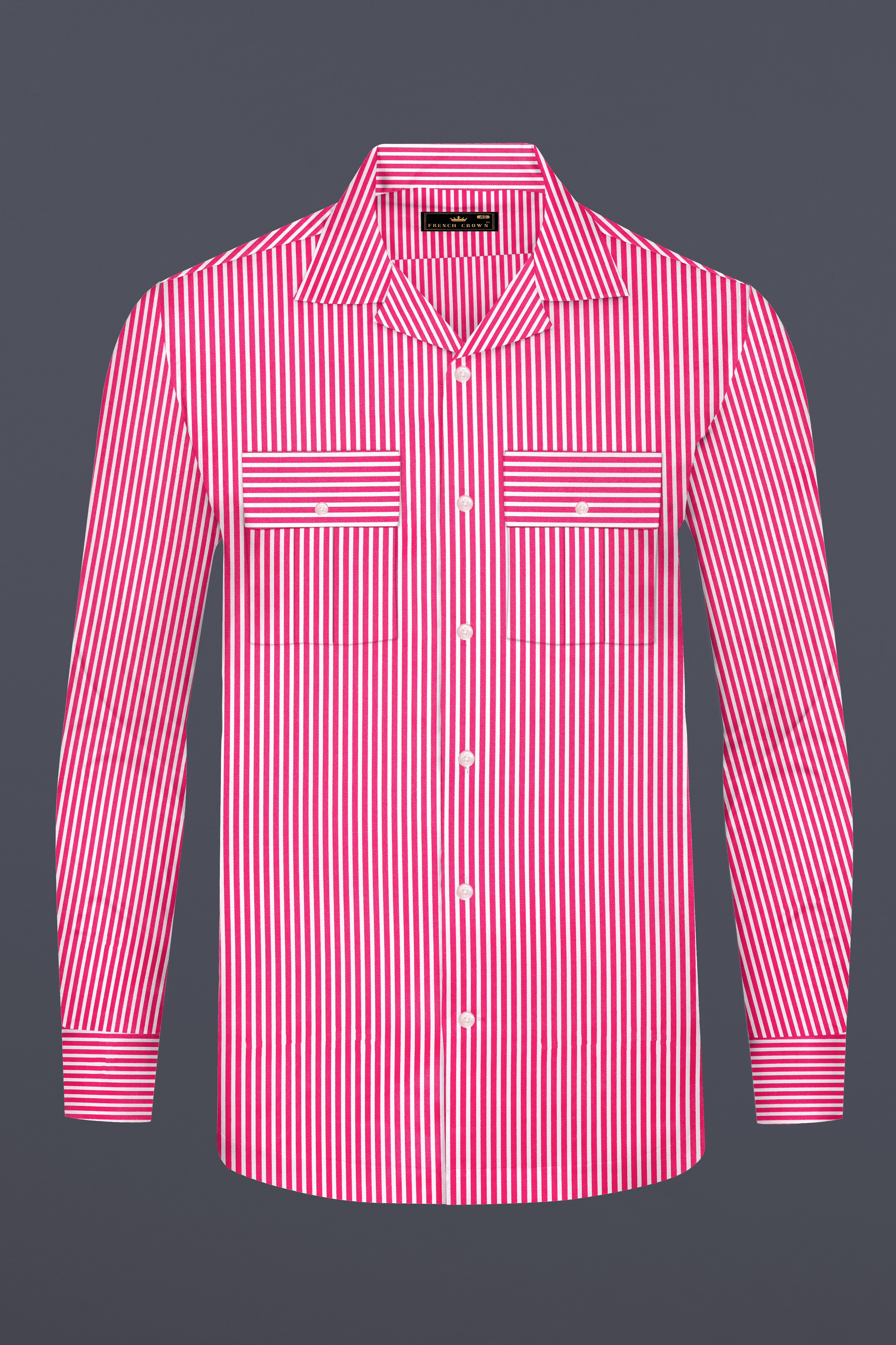 Roswyn-Cerise Pink And Bright White Striped Dobby Textured Premium Giza Cotton Casual Designer Shirt
