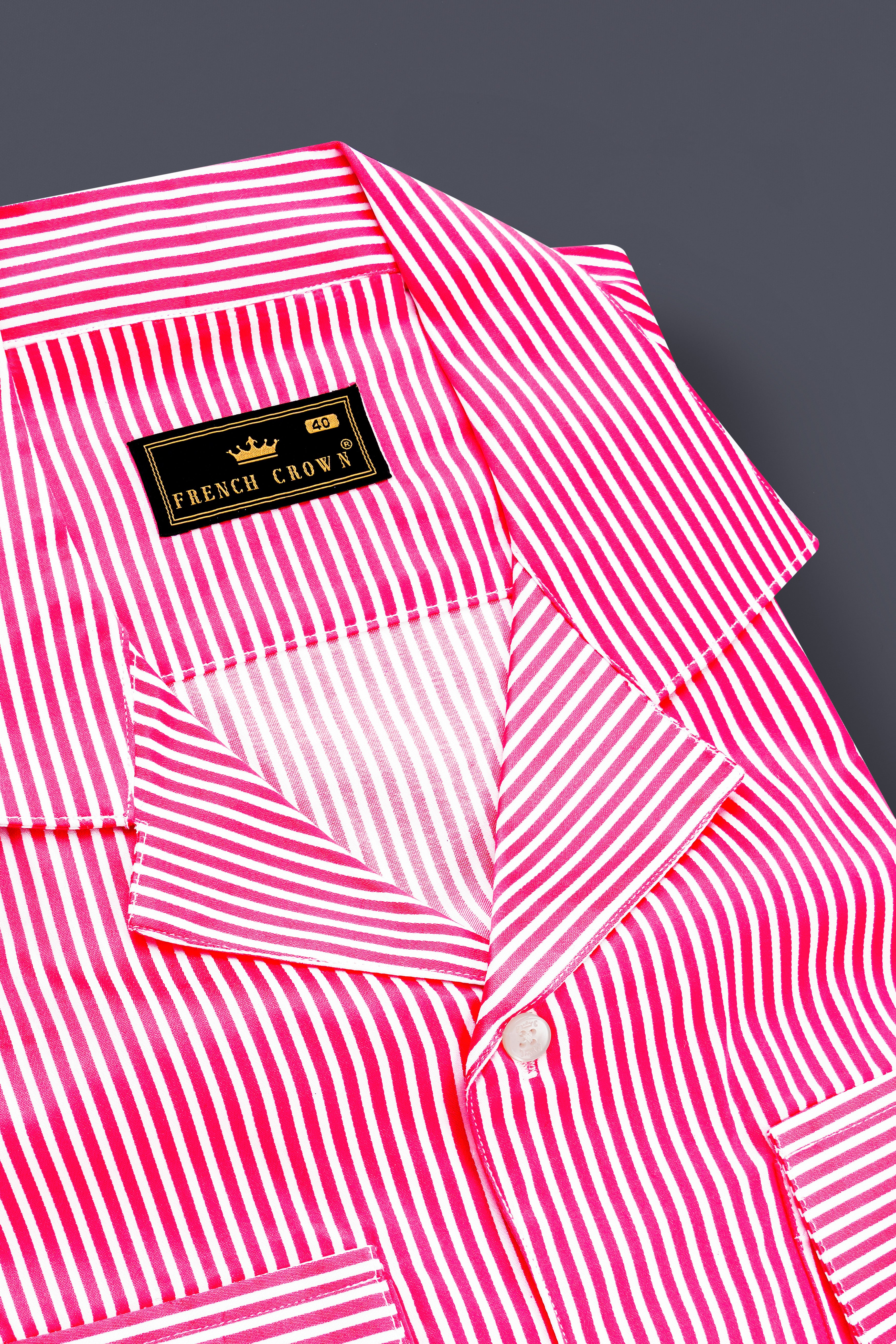 Roswyn-Cerise Pink And Bright White Striped Dobby Textured Premium Giza Cotton Casual Designer Shirt
