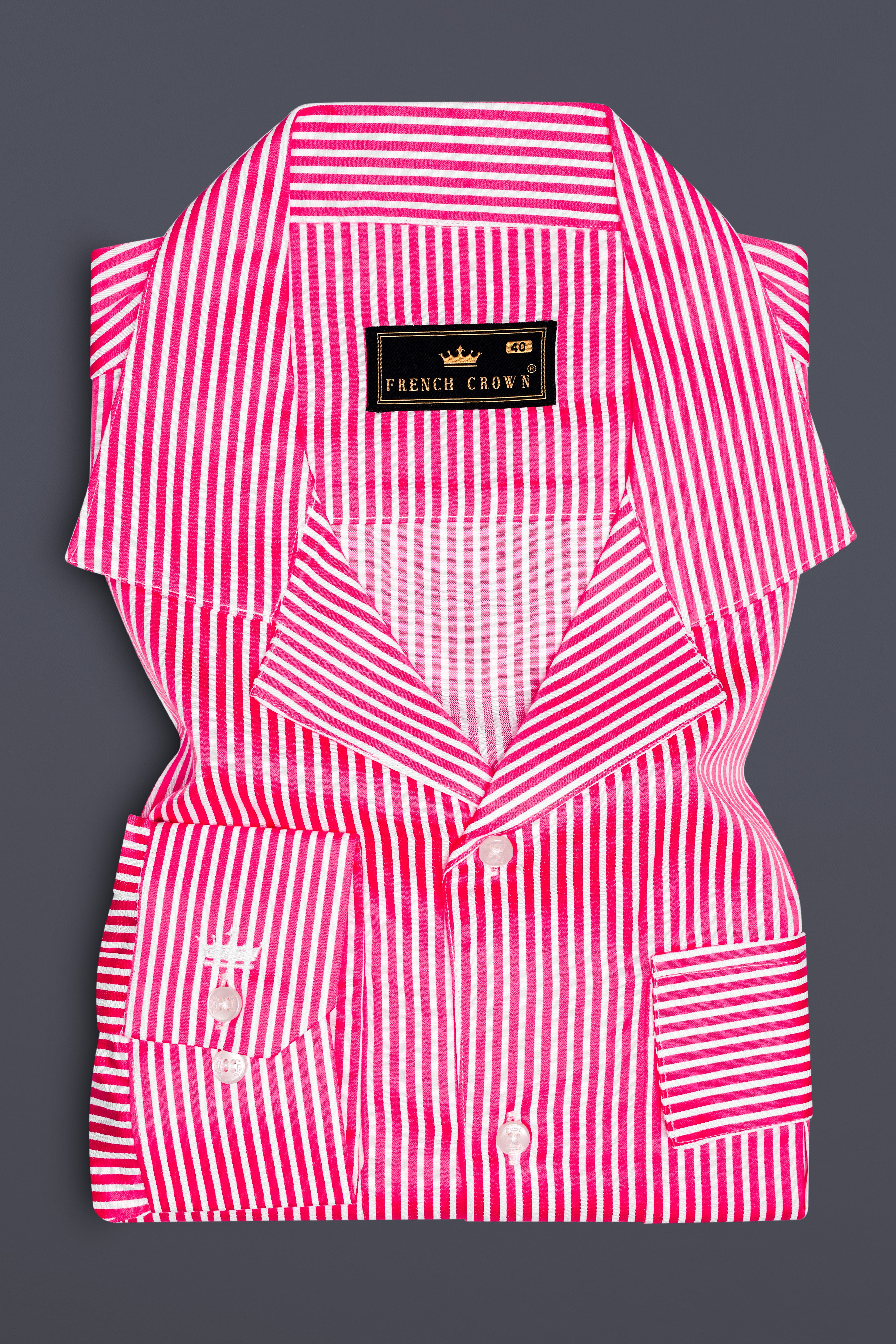 Roswyn-Cerise Pink And Bright White Striped Dobby Textured Premium Giza Cotton Casual Designer Shirt