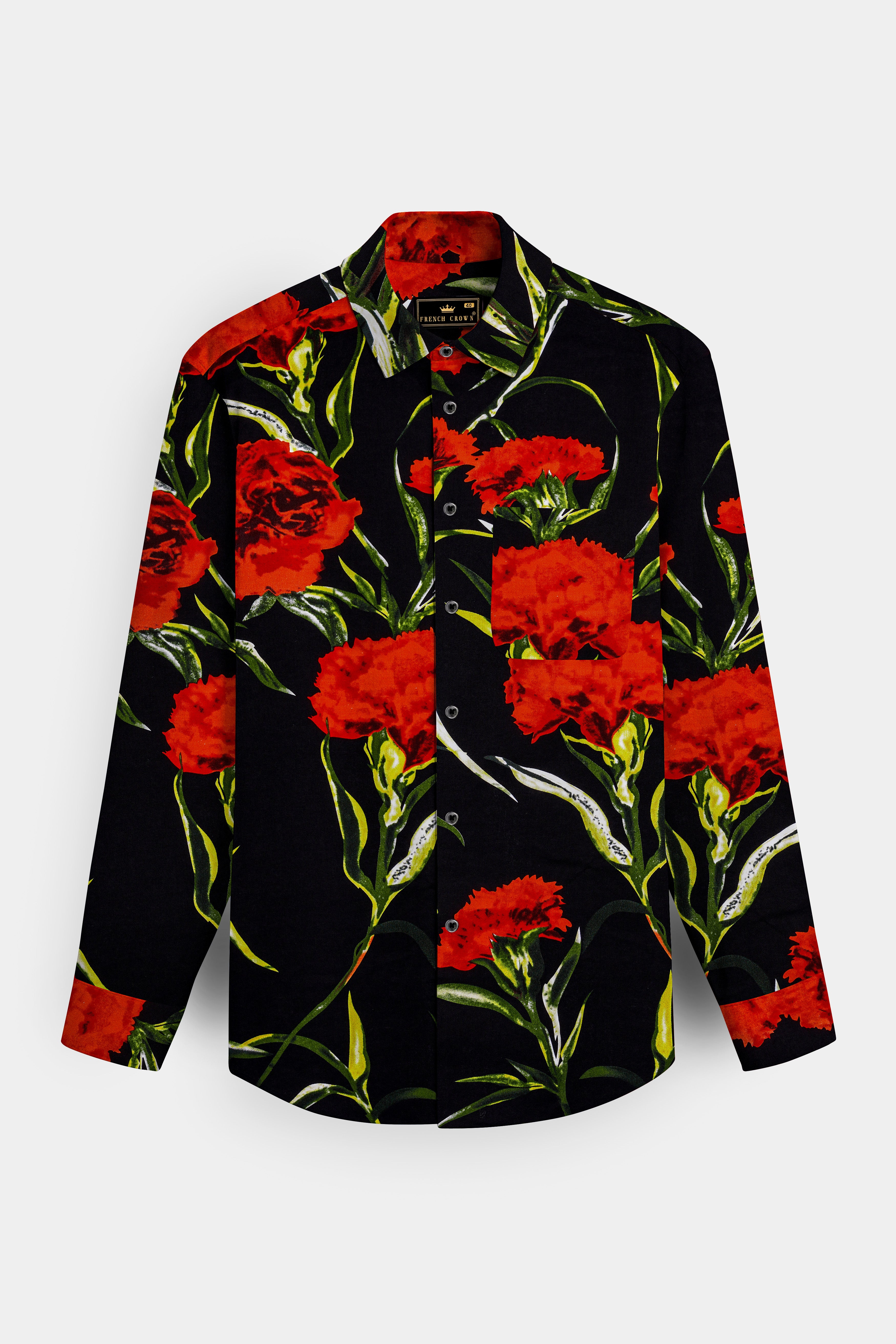 Noirrosa-Jade Black And Milano Red Floral Printed Super Soft Premium Cotton Casual Shirt