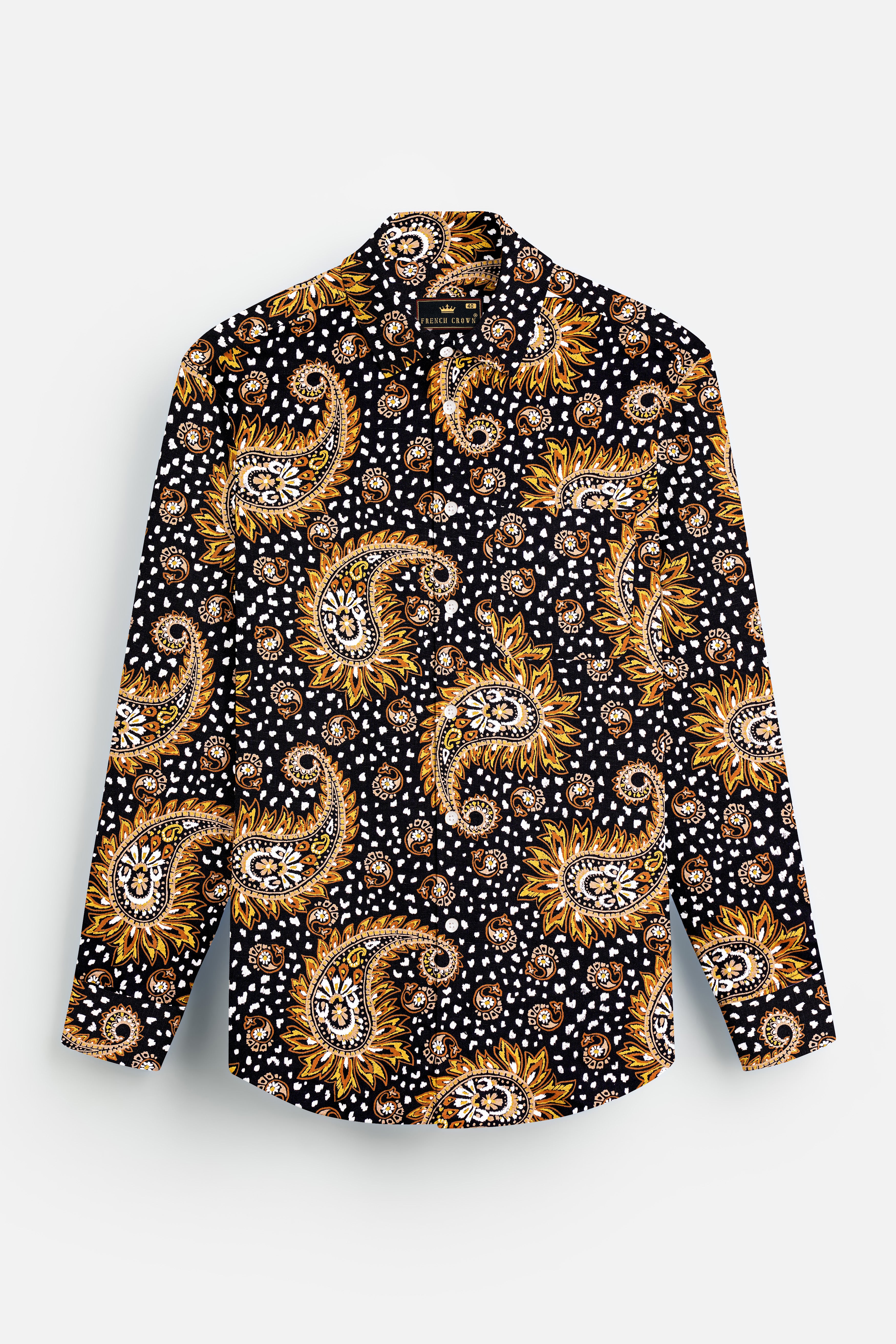 Noirdra-Jade Black And Anzac Yellow Paisleys Printed Oxford Premium Cotton Casual Shirt