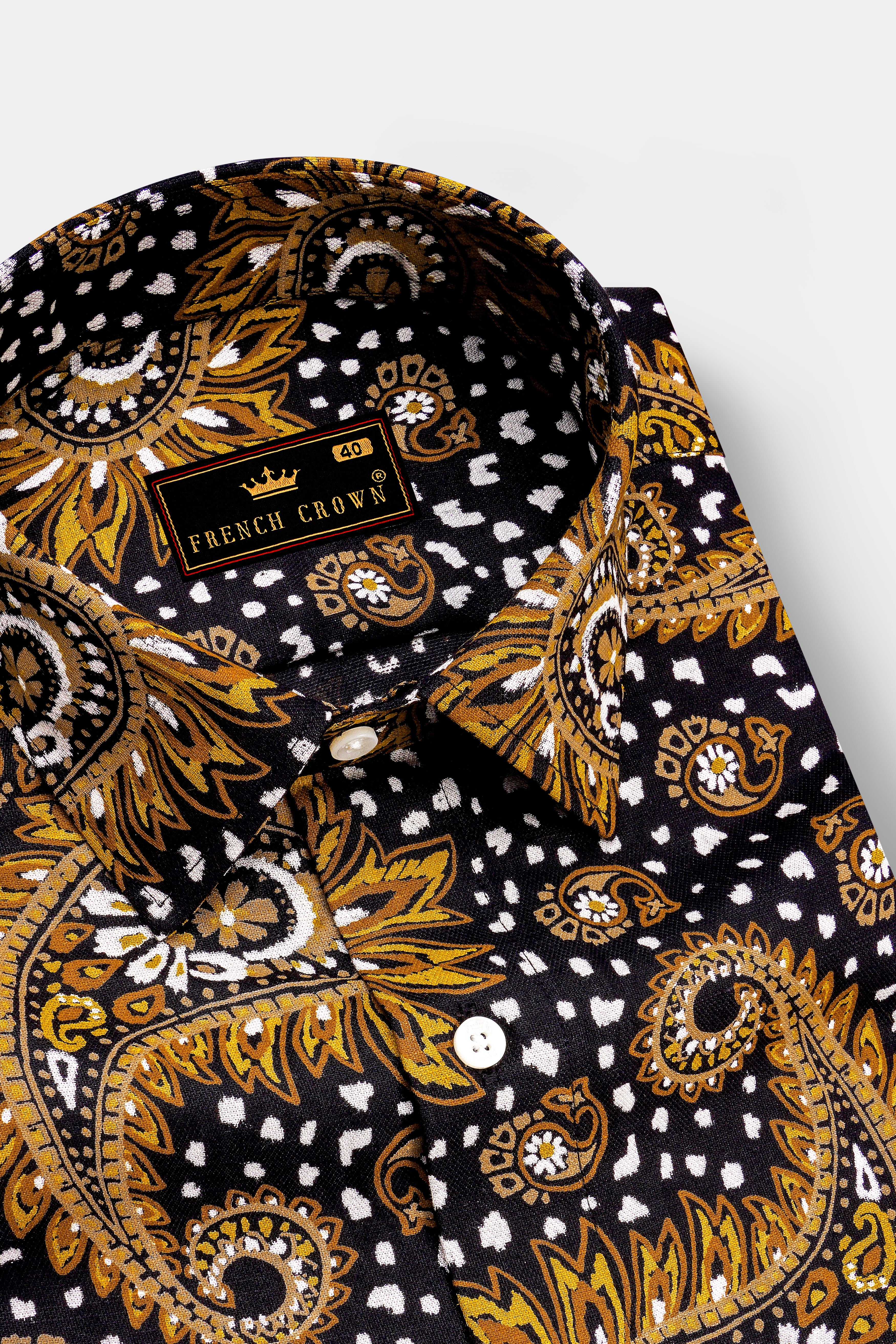 Noirdra-Jade Black And Anzac Yellow Paisleys Printed Oxford Premium Cotton Casual Shirt