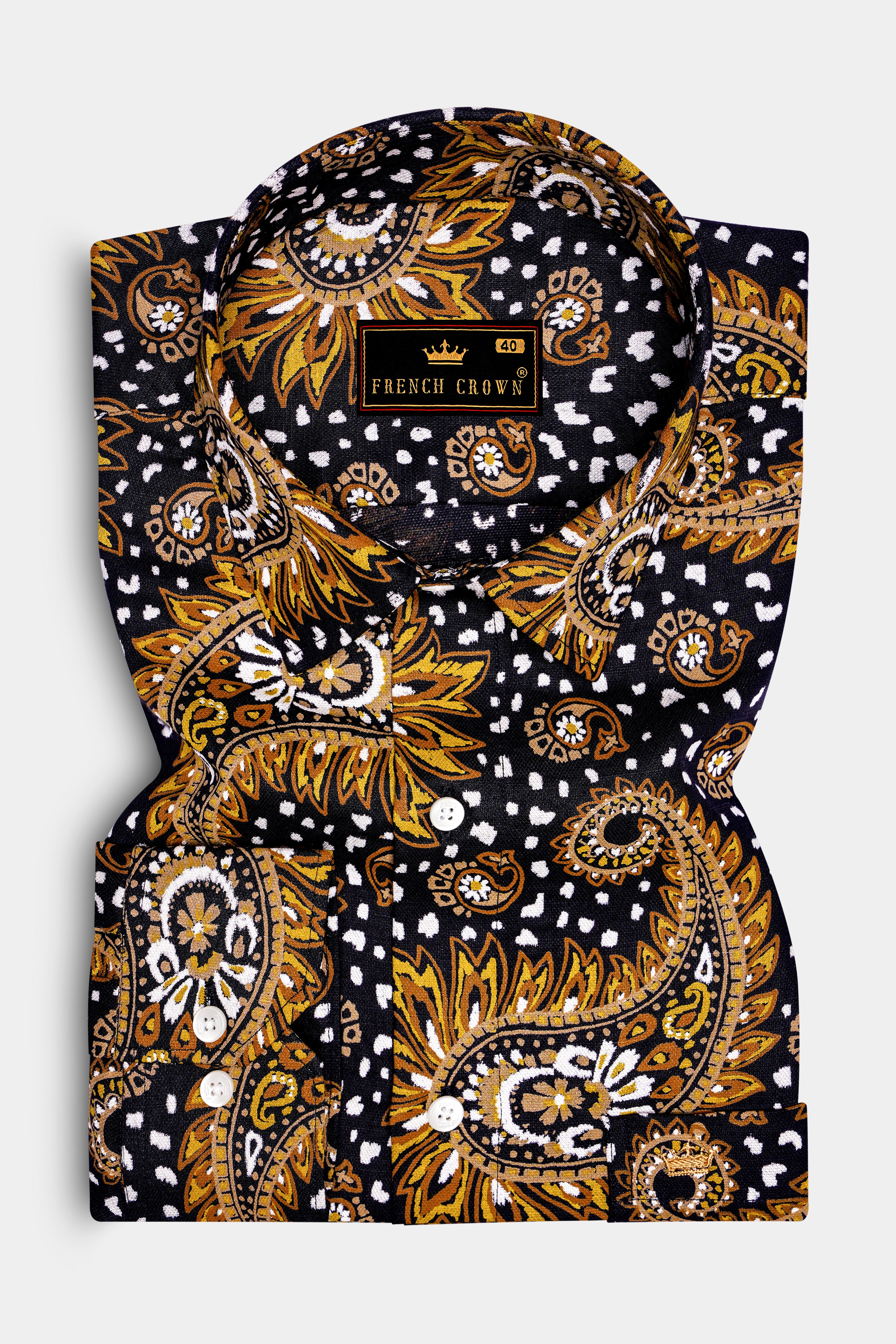 Noirdra-Jade Black And Anzac Yellow Paisleys Printed Oxford Premium Cotton Casual Shirt