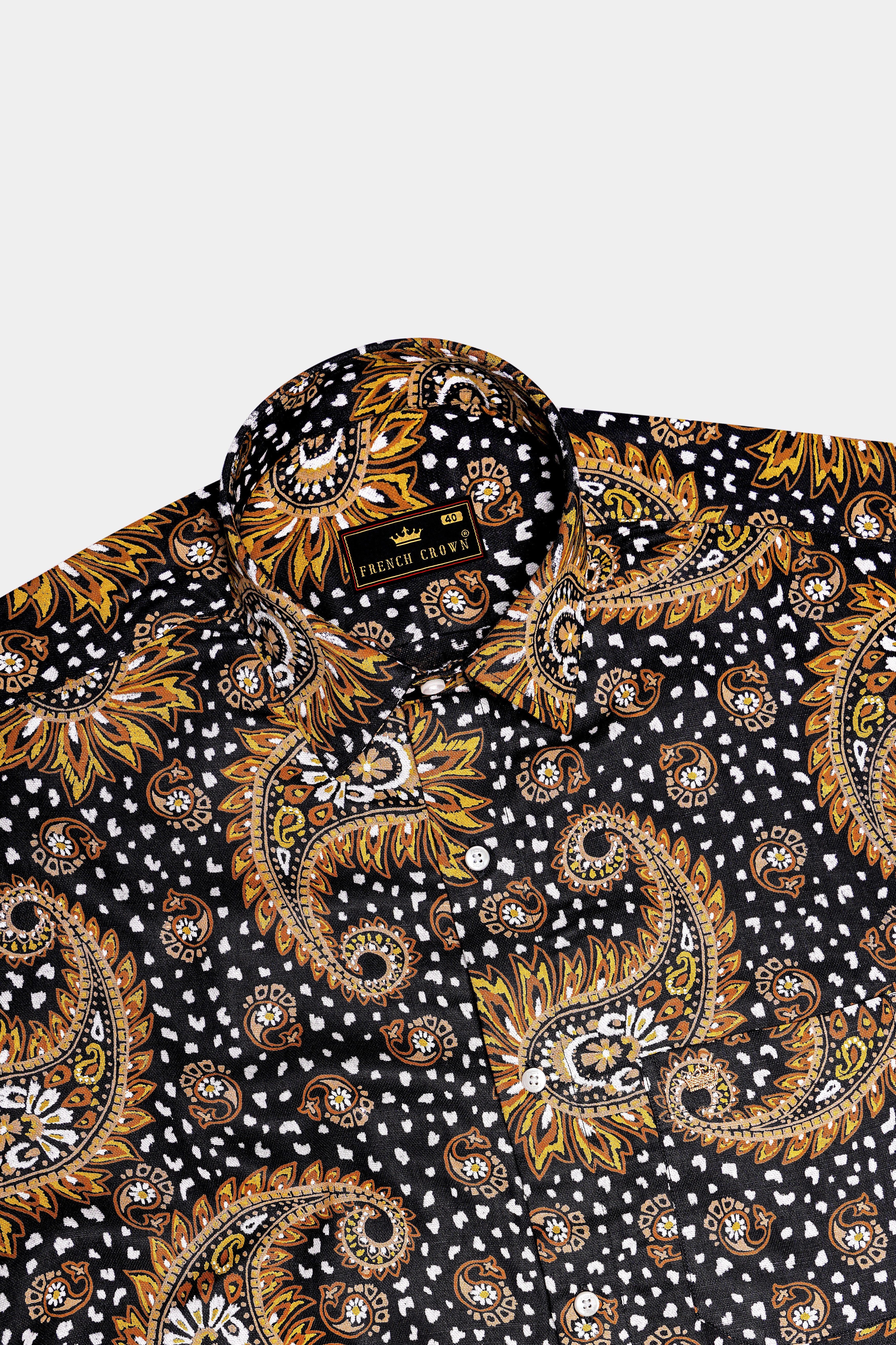 Noirdra-Jade Black And Anzac Yellow Paisleys Printed Oxford Premium Cotton Casual Shirt