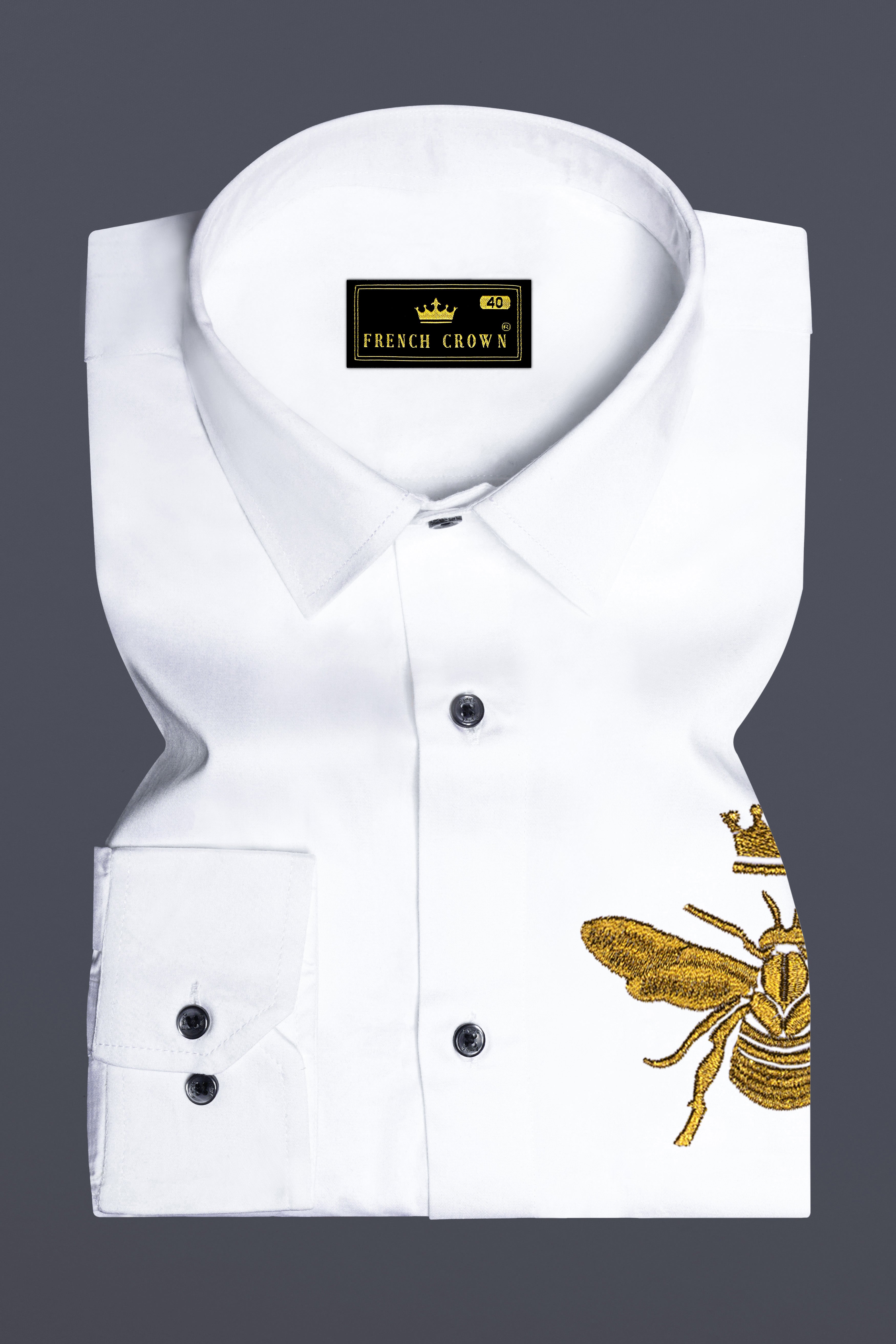 Beora-Bright White Honey Bee Embroidered Subtle Sheen Super Soft Premium Cotton Designer Shirt