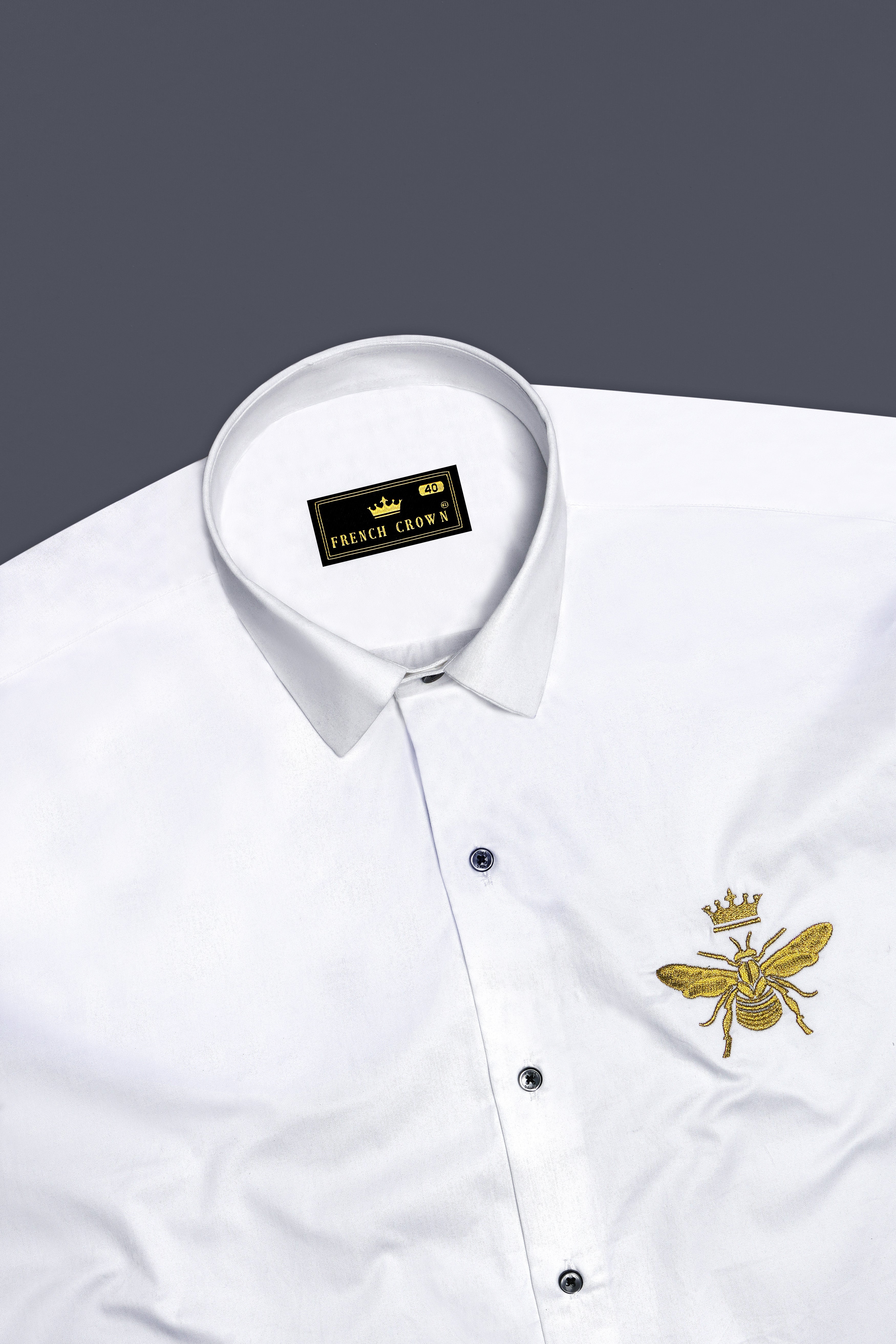 Beora-Bright White Honey Bee Embroidered Subtle Sheen Super Soft Premium Cotton Designer Shirt