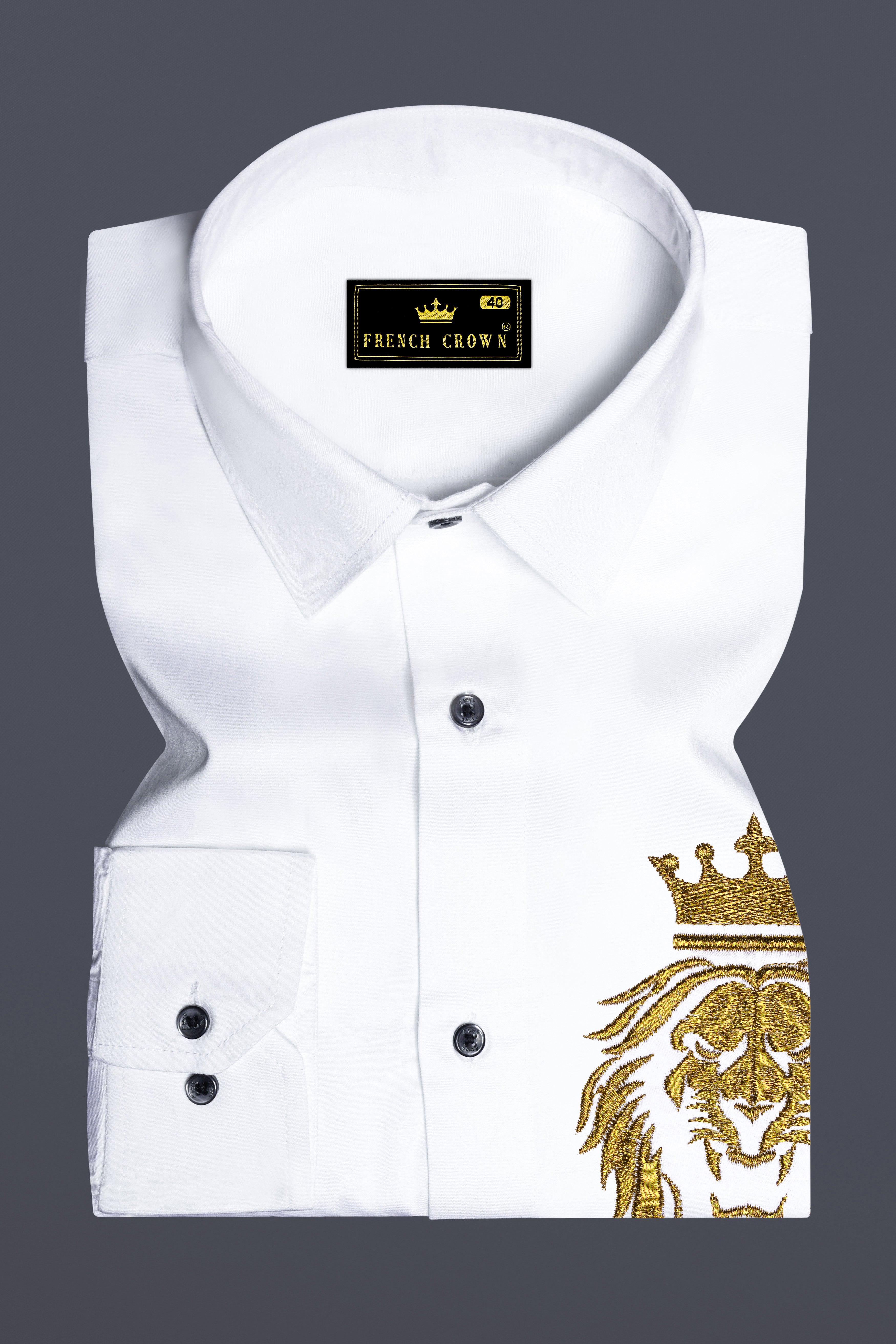 Leonir-Bright White Lion Embroidered Subtle Sheen Super Soft Premium Cotton Designer Shirt