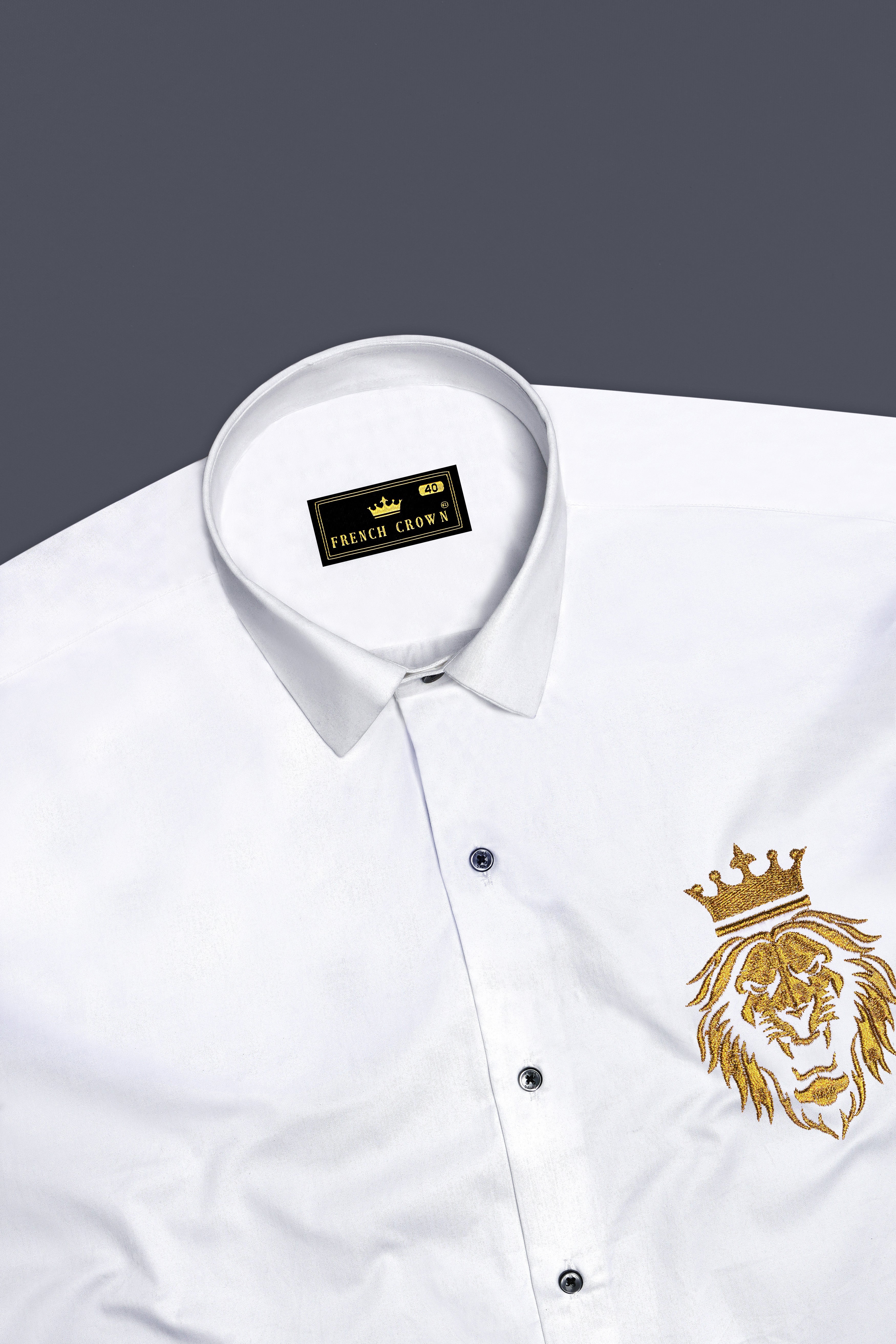 Leonir-Bright White Lion Embroidered Subtle Sheen Super Soft Premium Cotton Designer Shirt