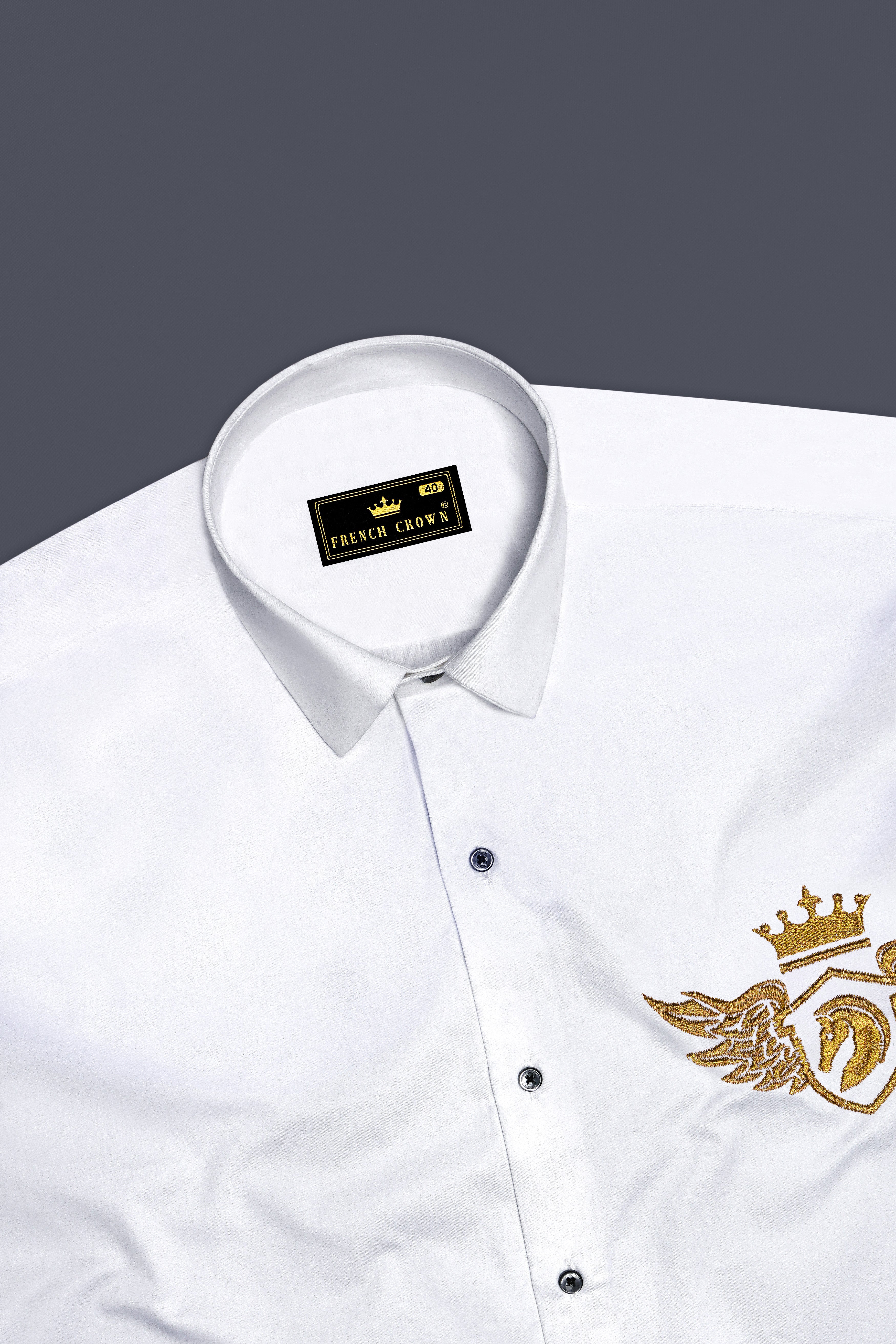 Albero-Bright White Horse Embroidered Subtle Sheen Super Soft Premium Cotton Designer Shirt