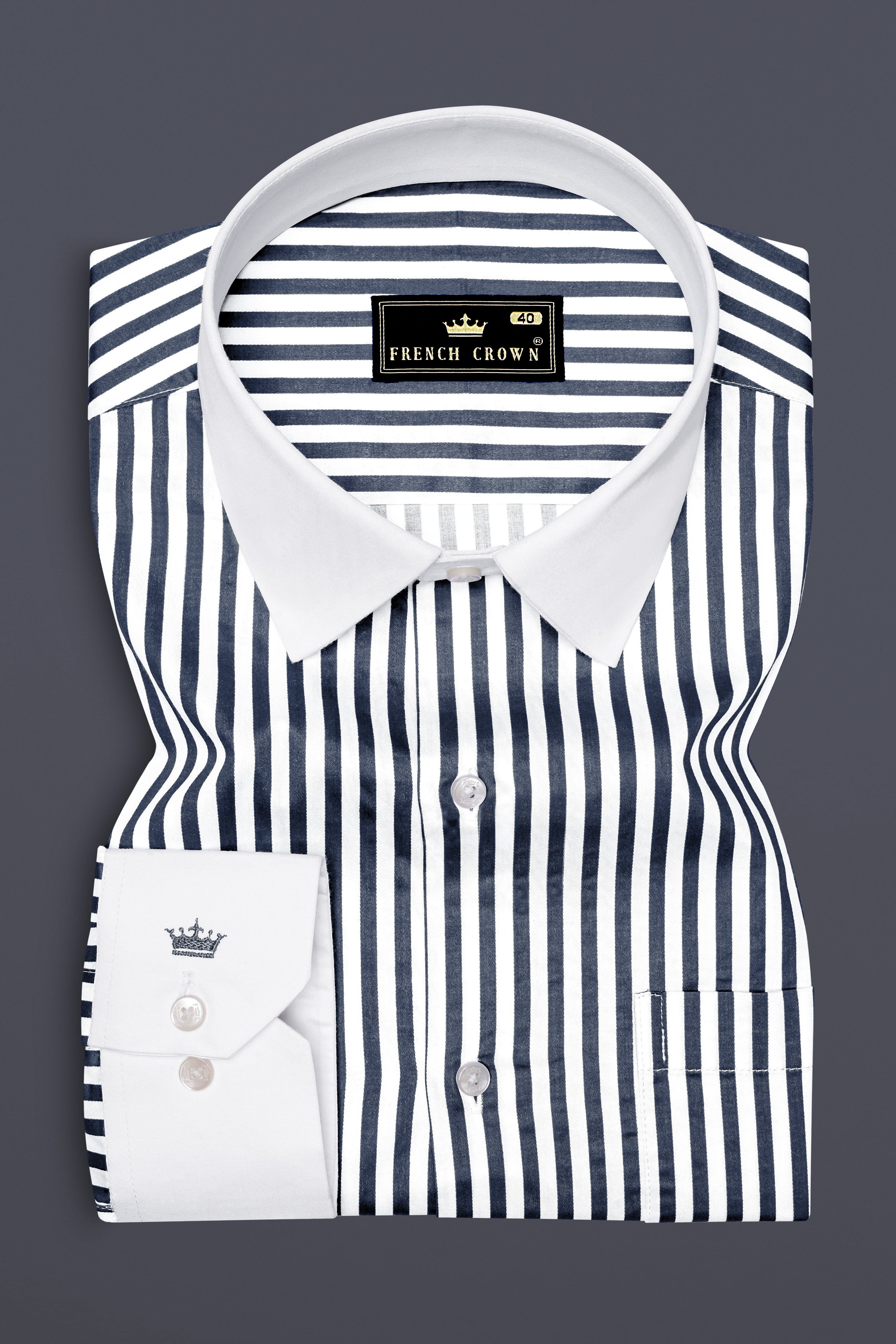 Charvion-Charcoal Gray And Bright White Striped Super Soft Premium Cotton Formal White Cuff Collar Shirt