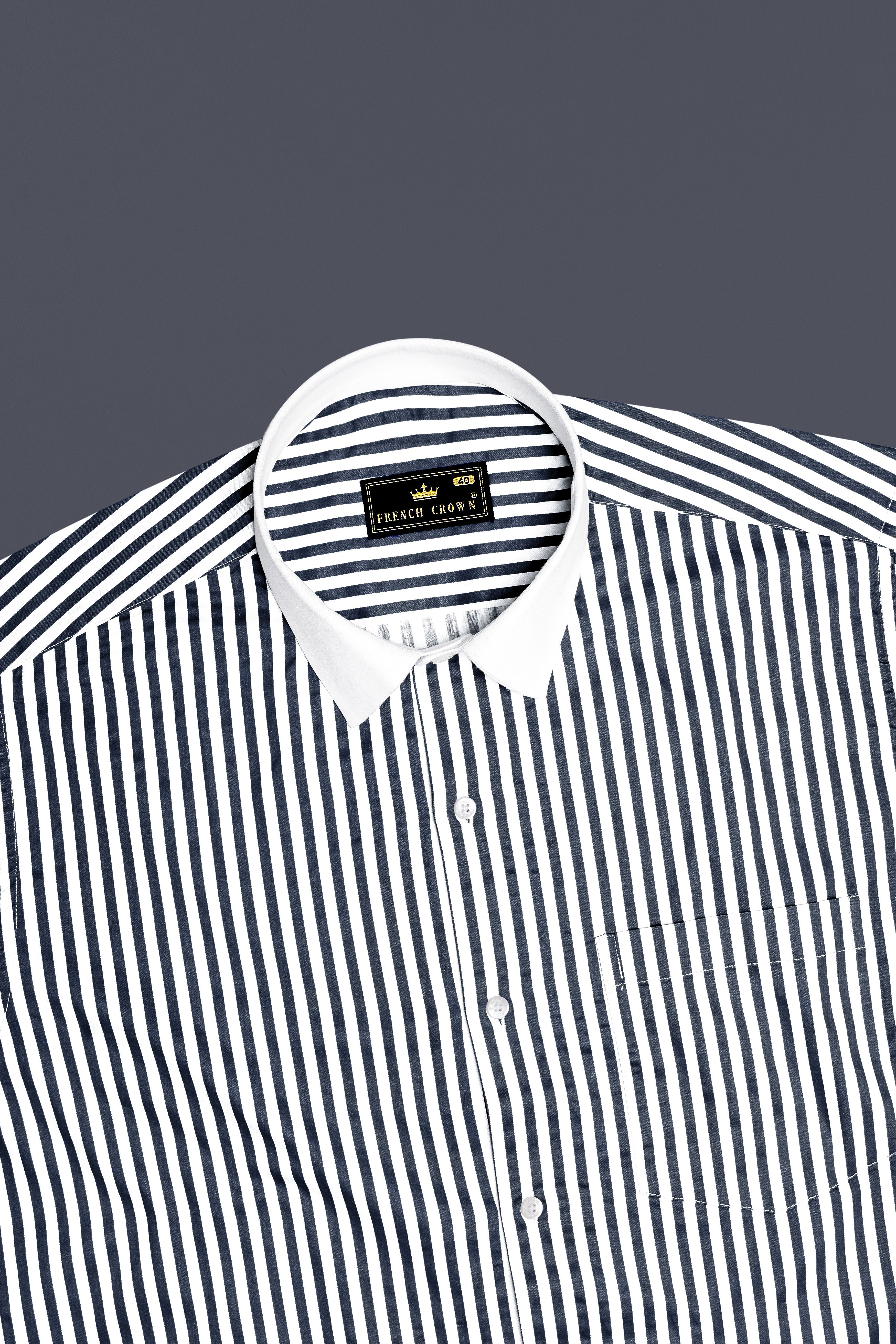 Charvion-Charcoal Gray And Bright White Striped Super Soft Premium Cotton Formal White Cuff Collar Shirt