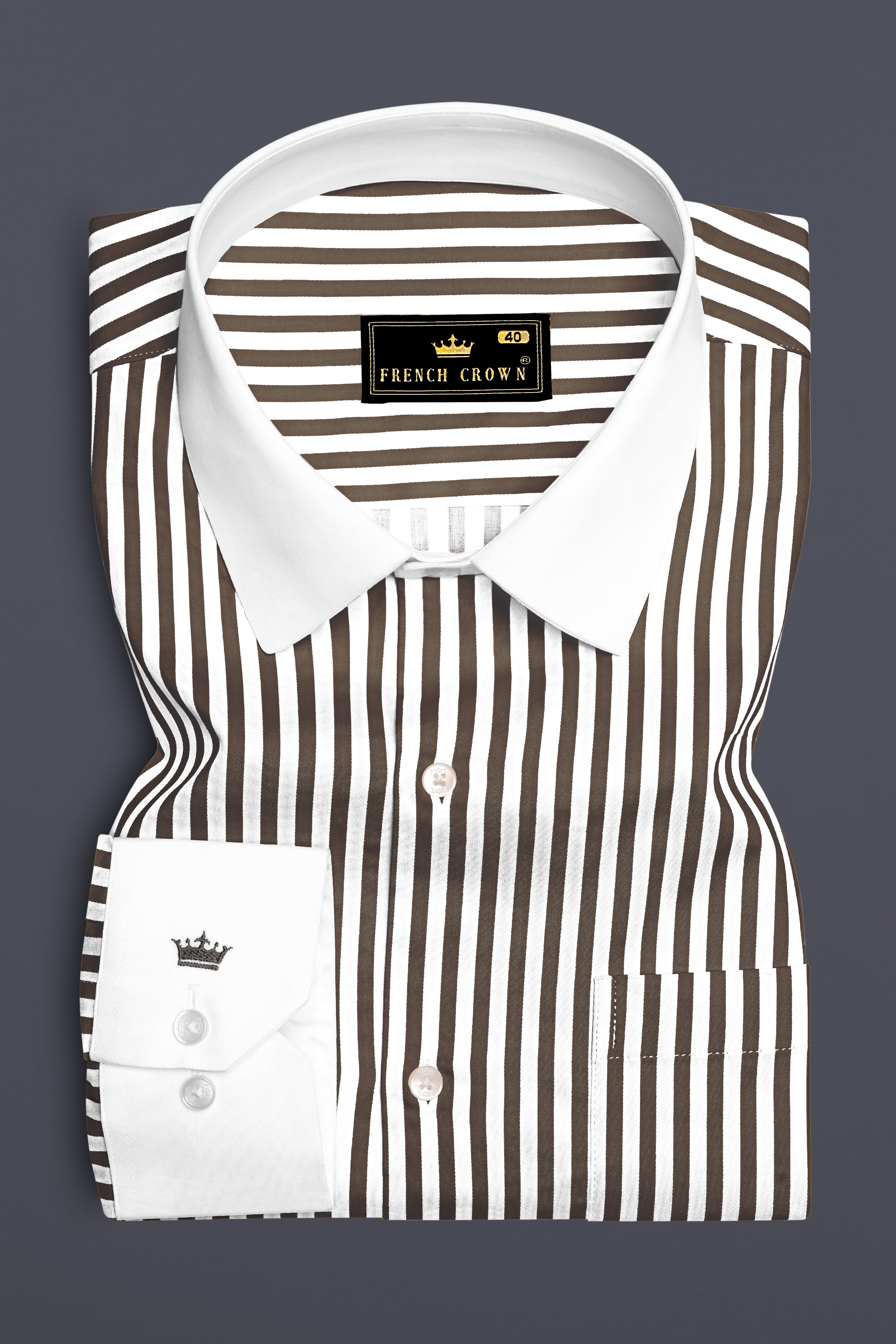 Metavue-Metallic Brown And Bright White Striped Super Soft Premium Cotton Formal White Cuff Collar Shirt