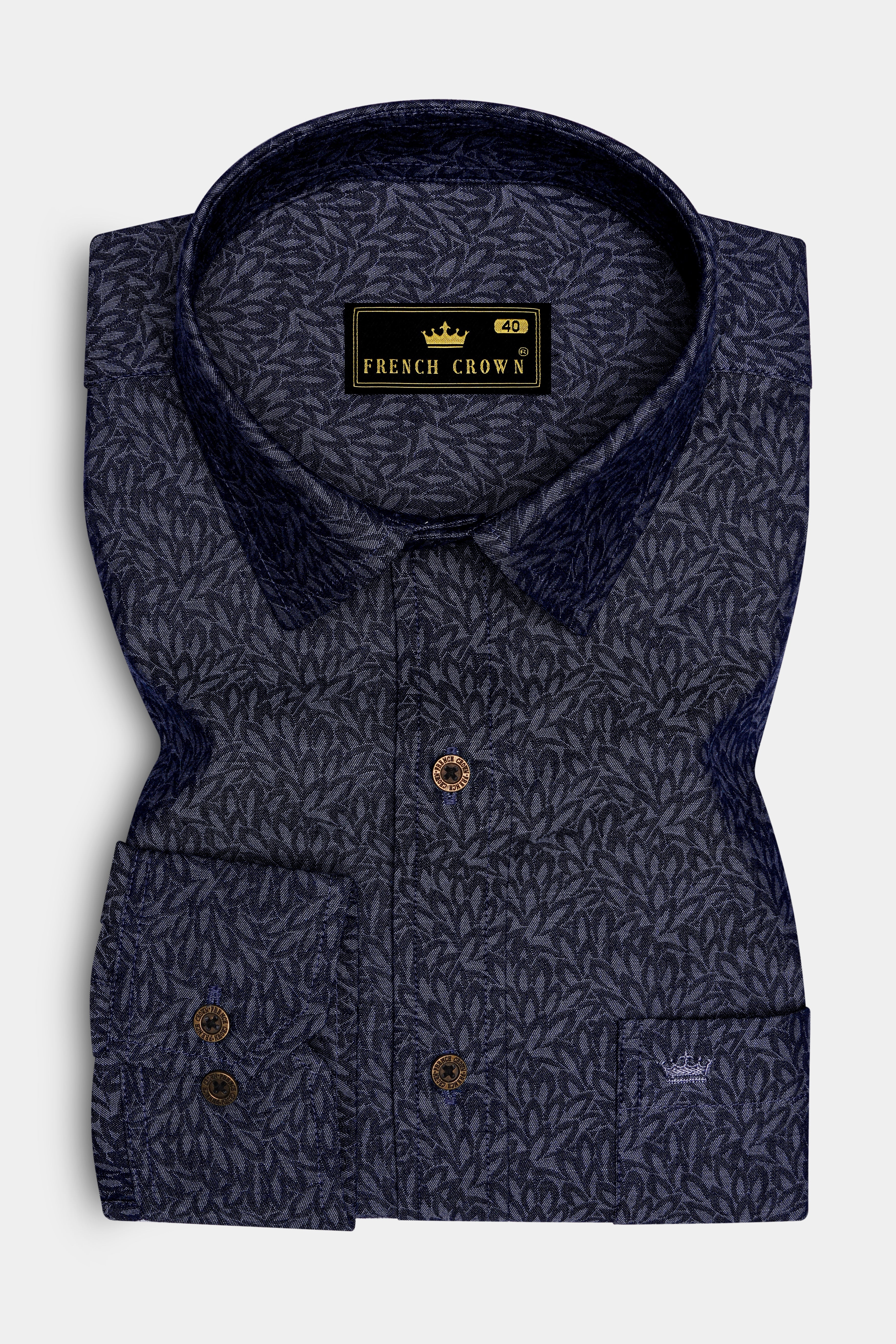 Cedivell-Bleached Cedar Denim Blue Leaf Print Super Soft Premium Cotton Casual Shirt