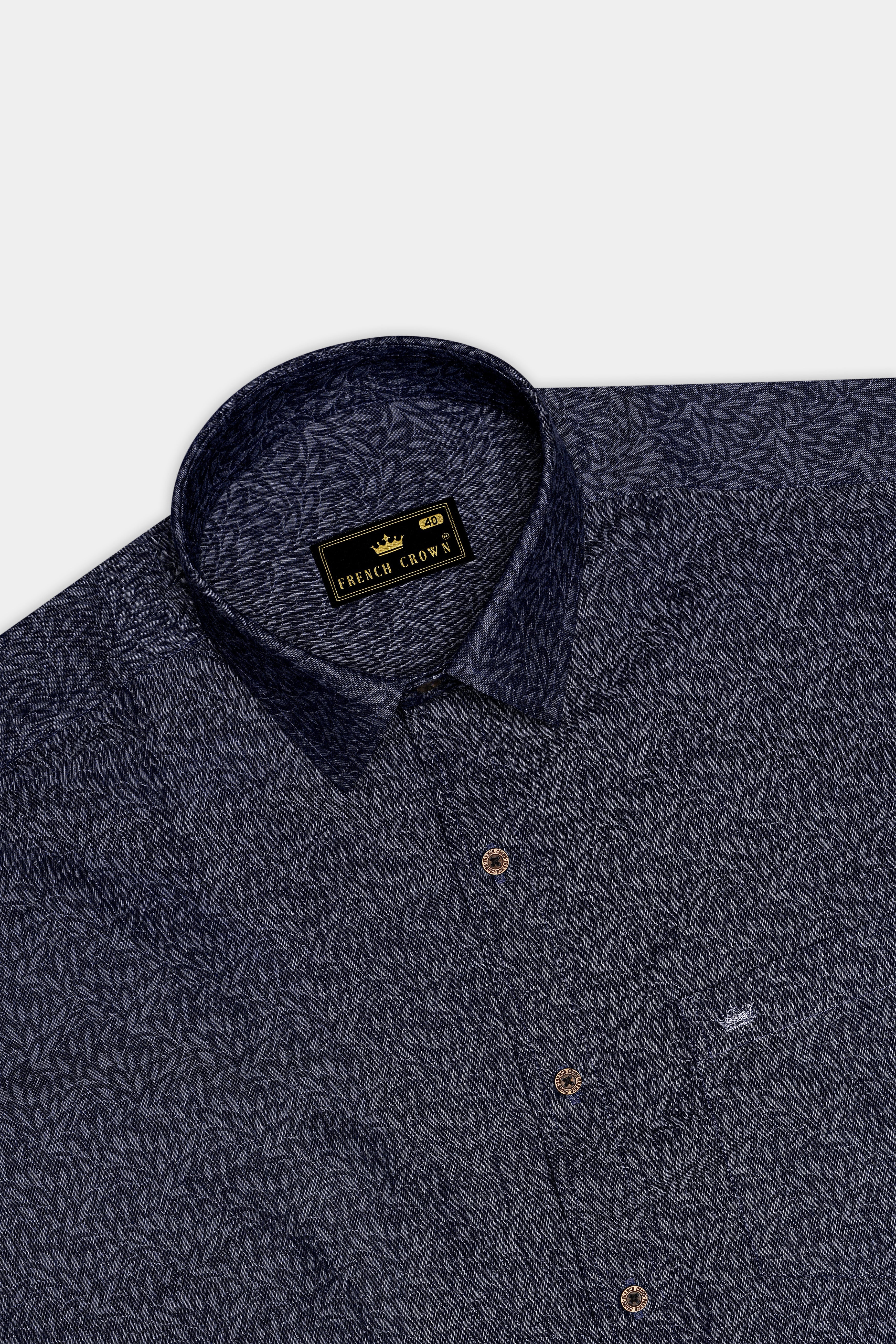 Cedivell-Bleached Cedar Denim Blue Leaf Print Super Soft Premium Cotton Casual Shirt