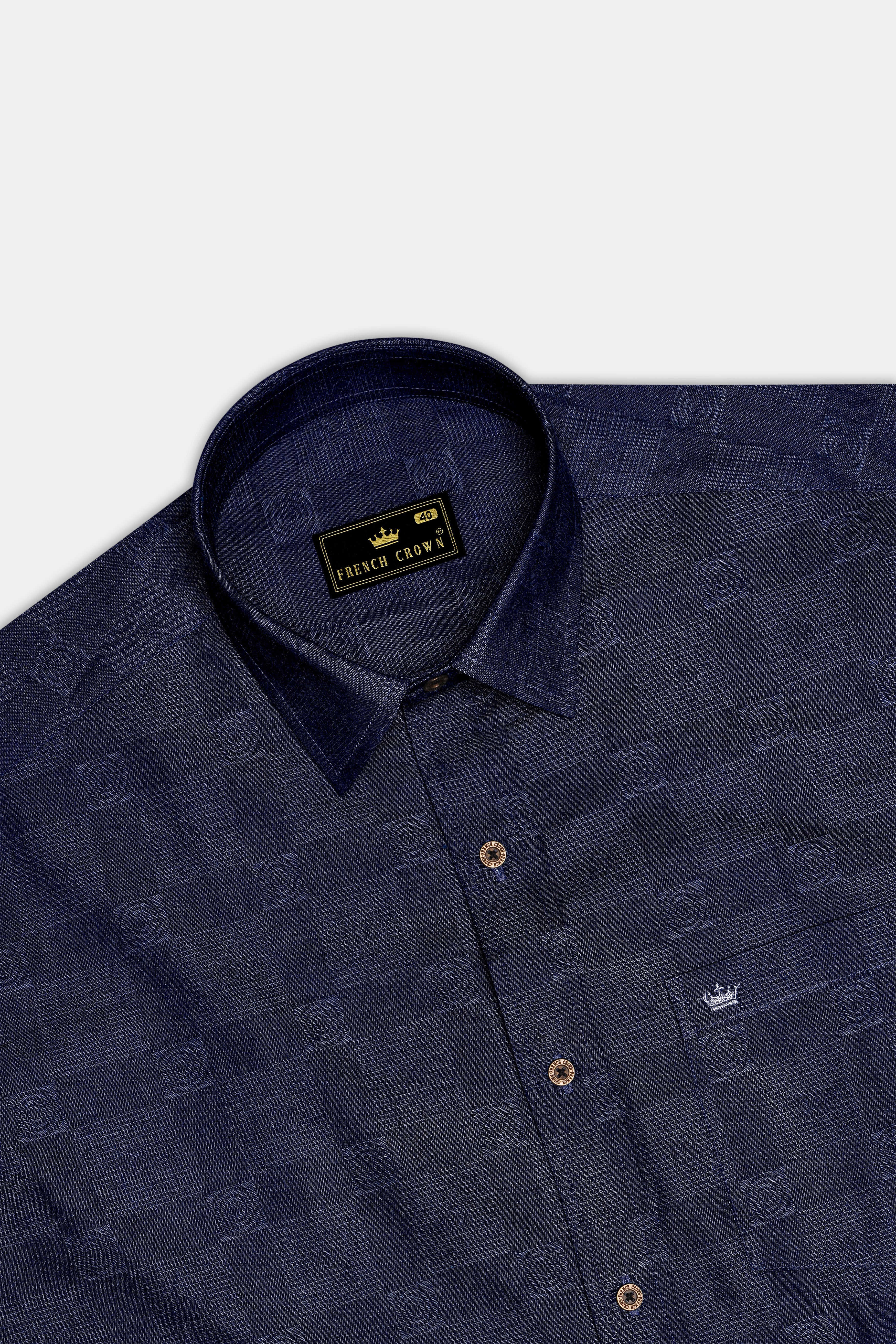 Squivra-Mirage Denim Blue square and circular motifs Textured Super Soft Premium Cotton Casual Shirt