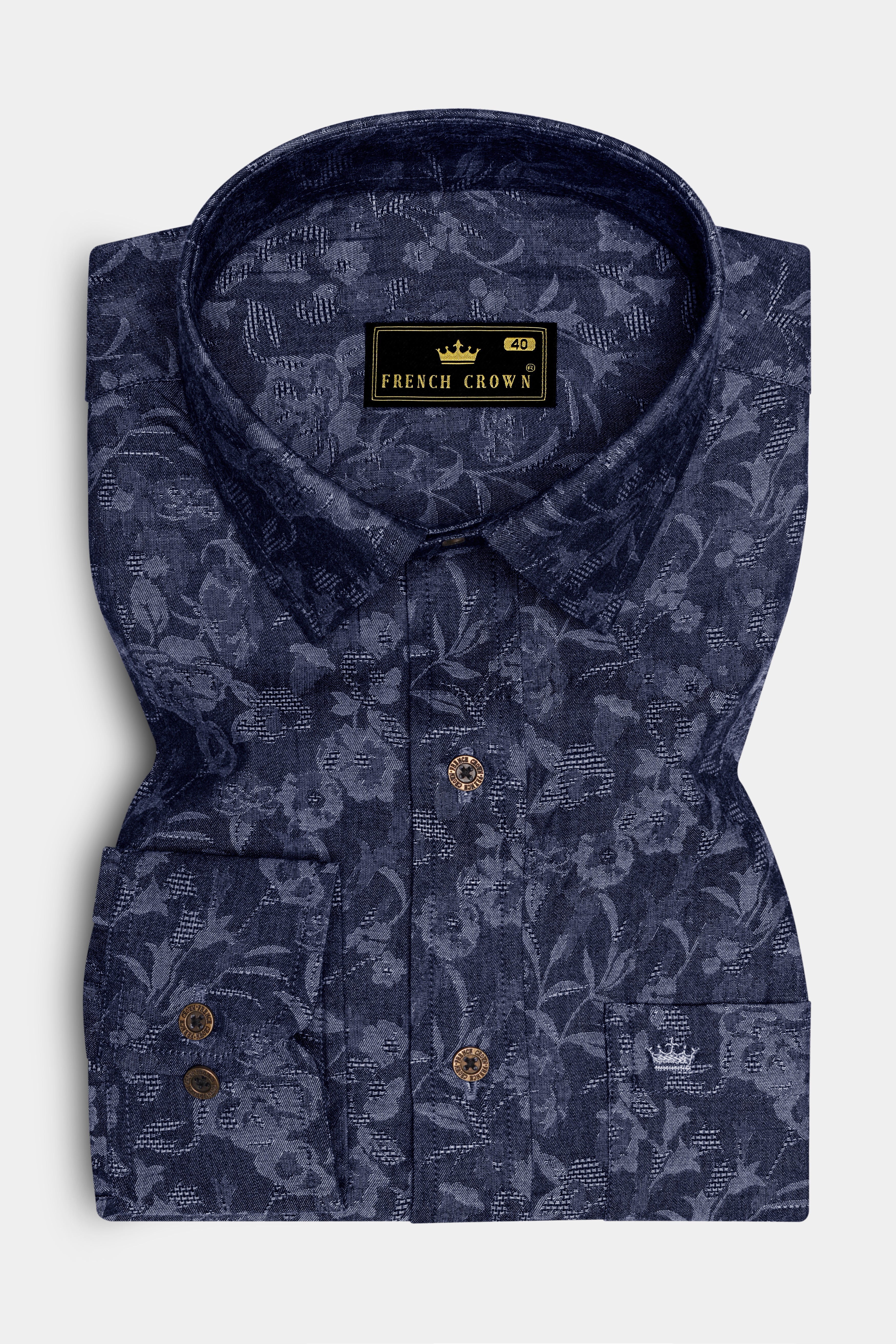 Fiorenza-Martinique Denim Blue Floral Jacquard Print Super Soft Premium Cotton Casual Shirt