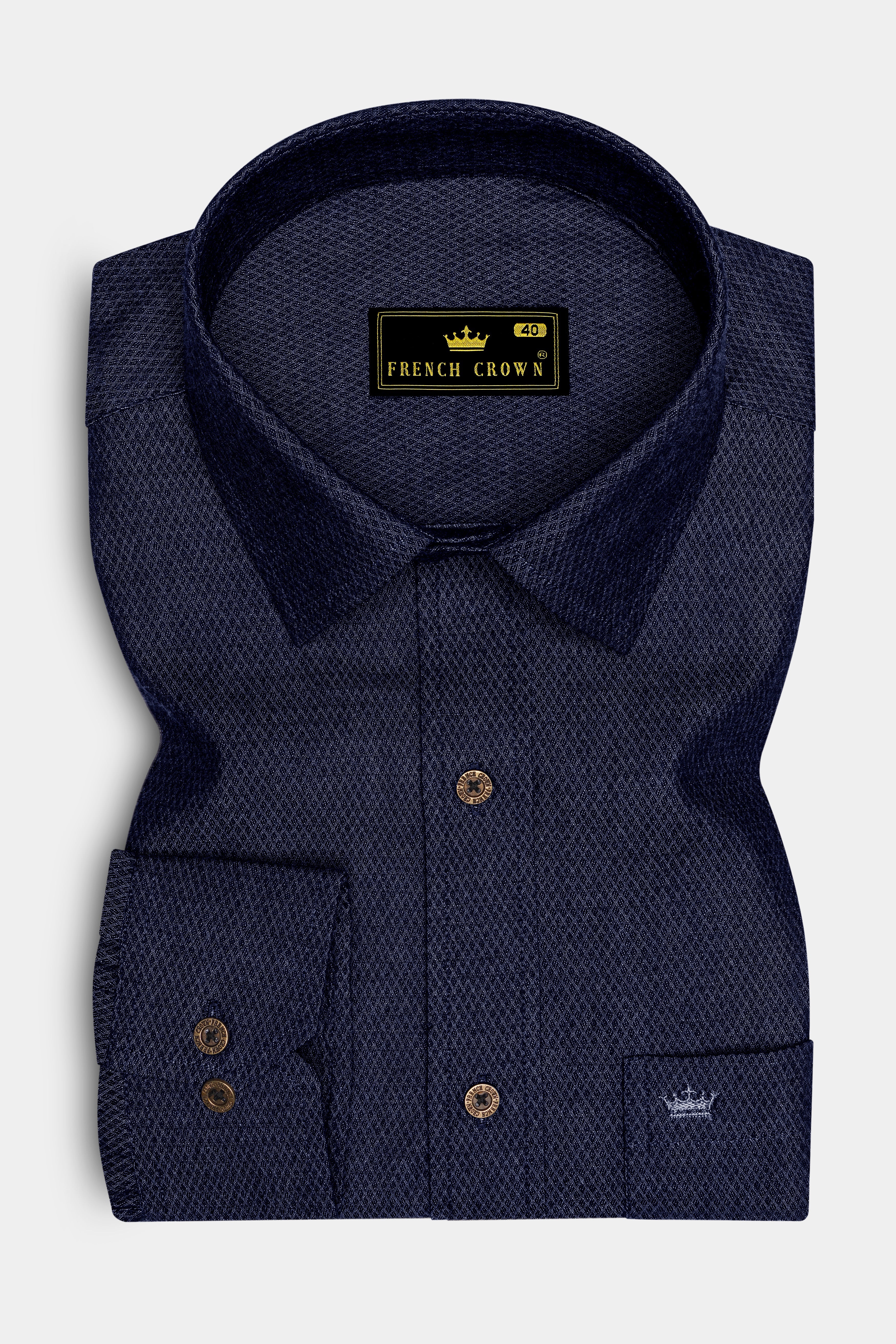 Hexivra-Cinder Denim Blue Honeycomb Dobby Textured Super Soft Premium Cotton Casual Shirt