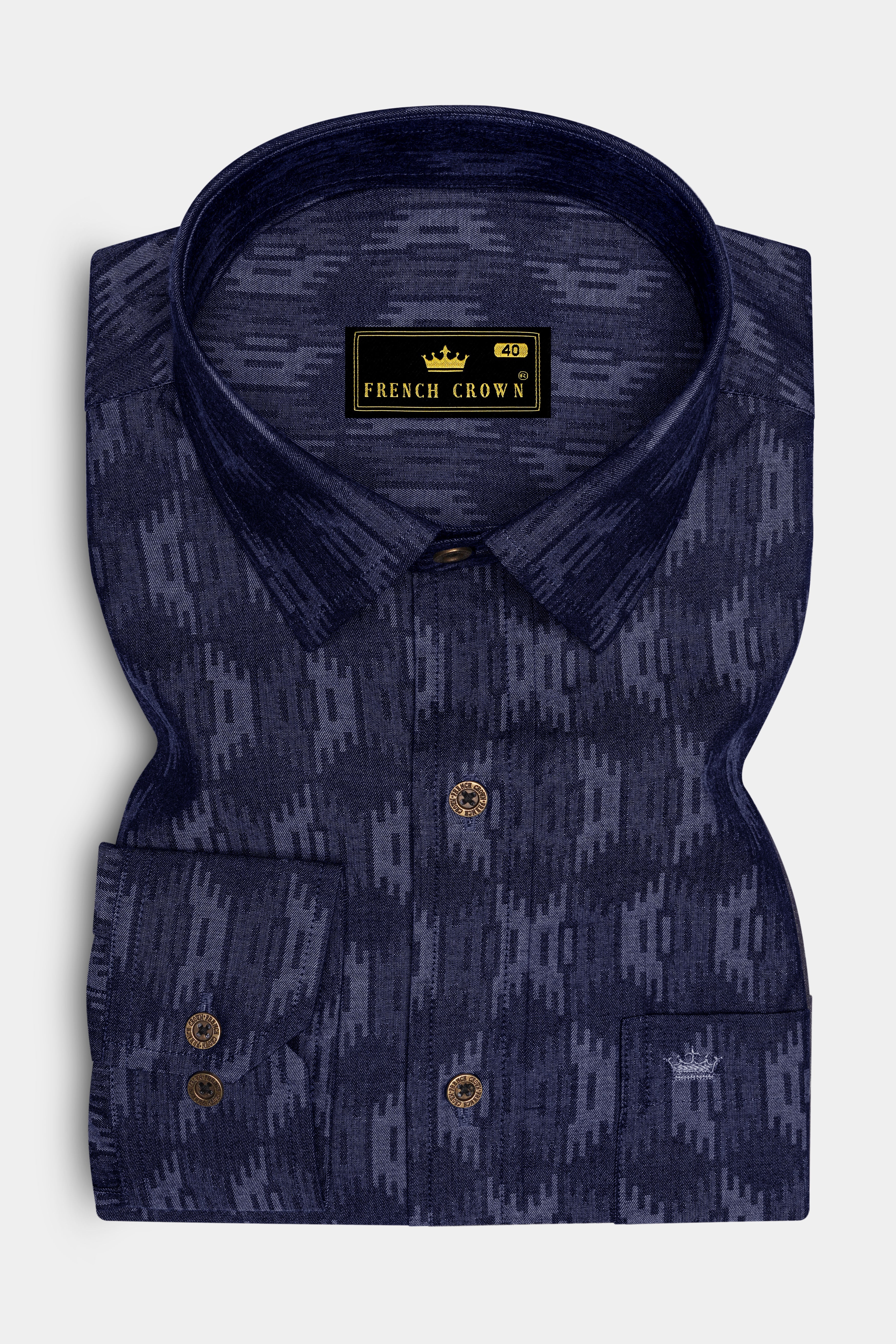 Noctivell-Nightfall Denim Blue Ikat Textured Super Soft Premium Cotton Casual Shirt