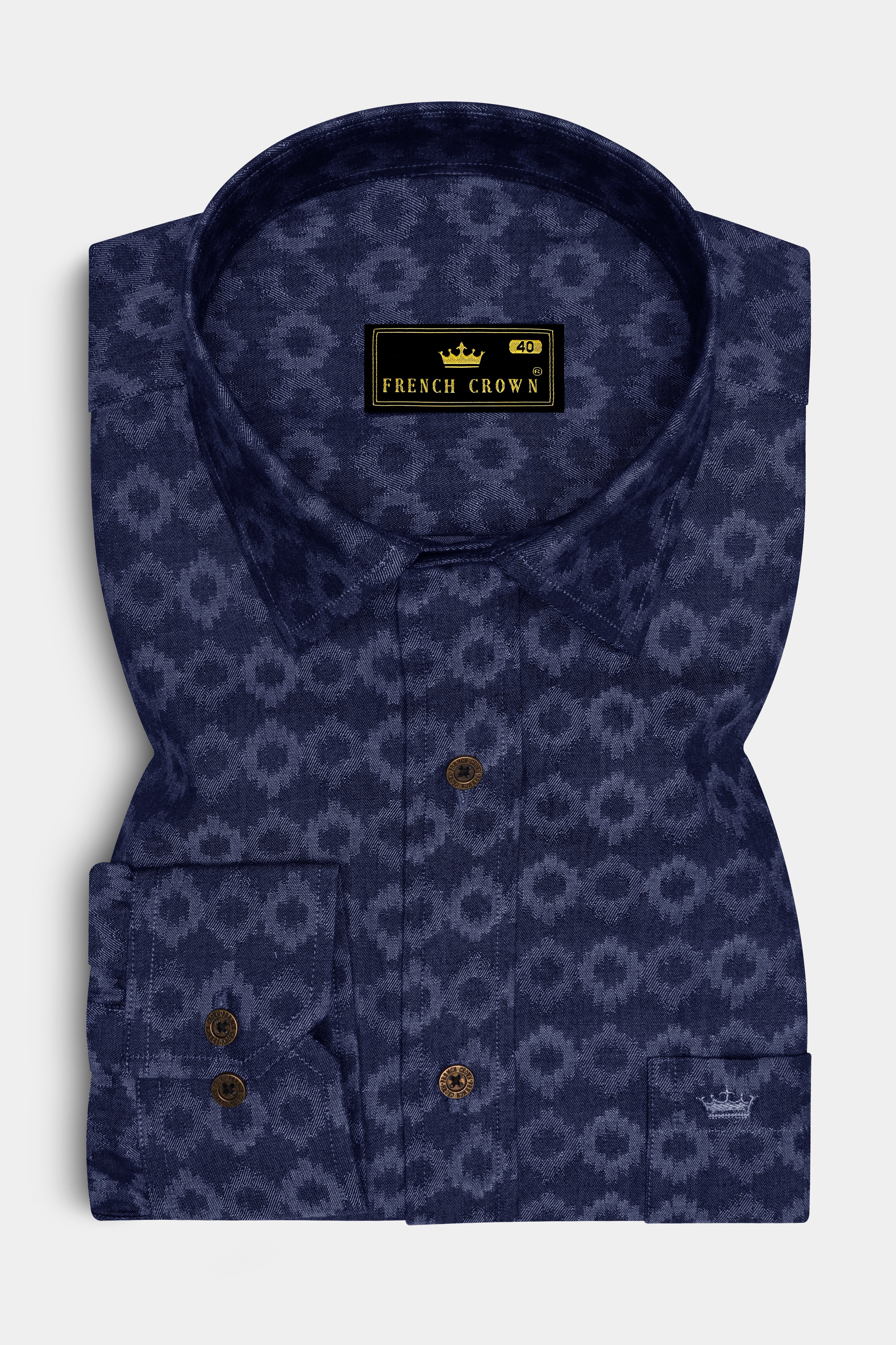 Cirnova-Vintage Denim Blue Circular Ikat Textured Super Soft Premium Cotton Casual Shirt