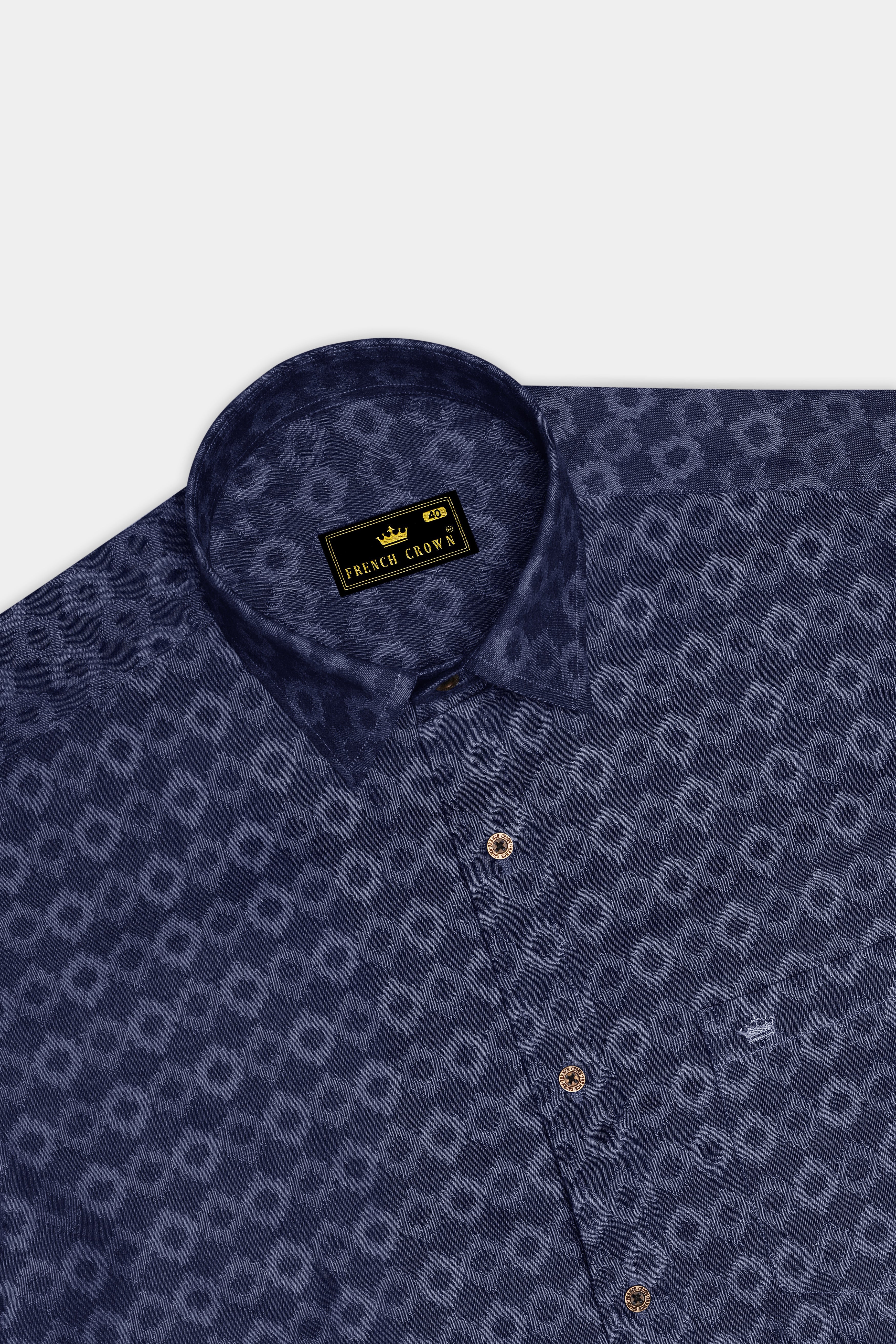 Cirnova-Vintage Denim Blue Circular Ikat Textured Super Soft Premium Cotton Casual Shirt