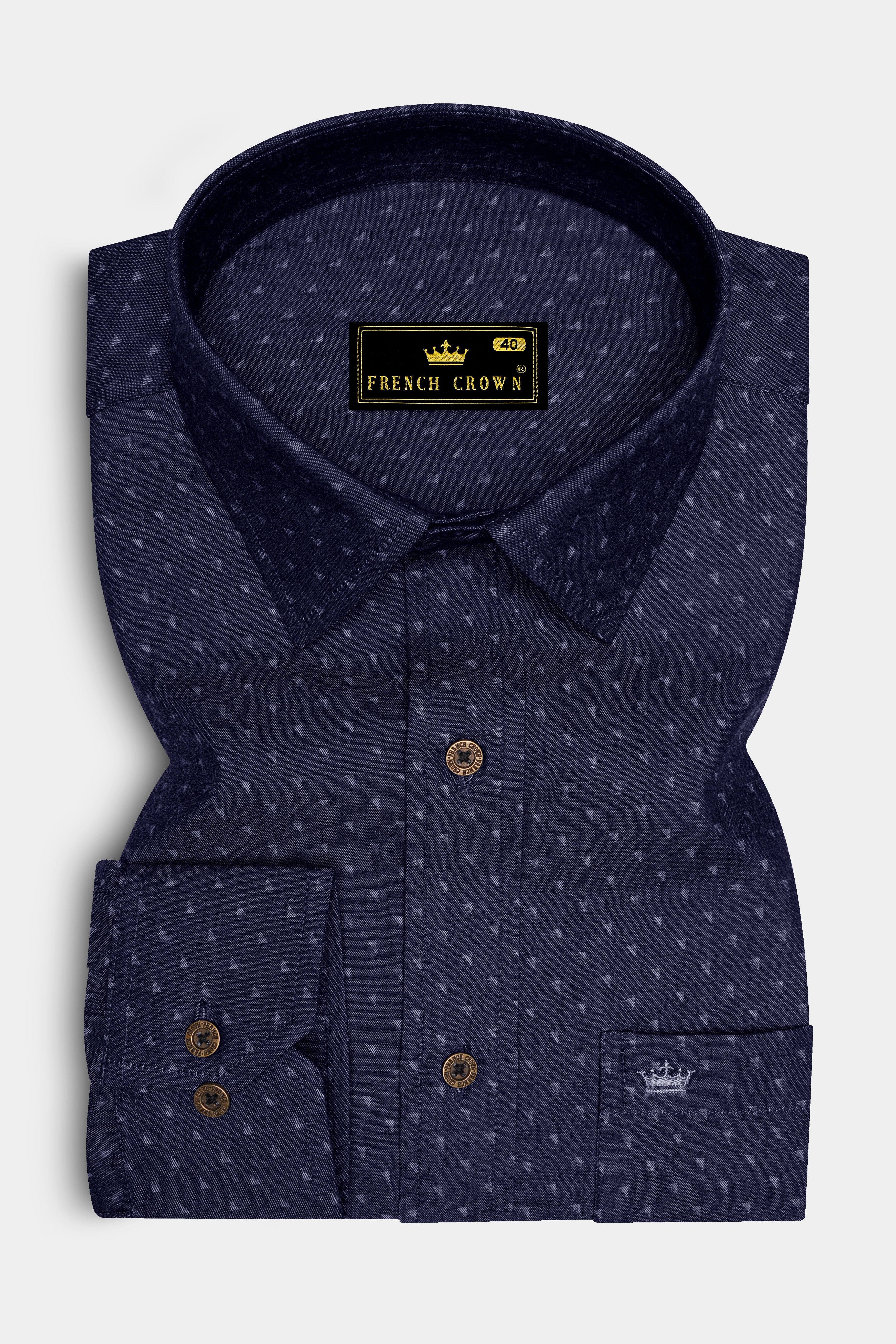 Triastra-Cosmic Denim Blue Triangle Dobby Textured Super Soft Premium Cotton Casual Shirt