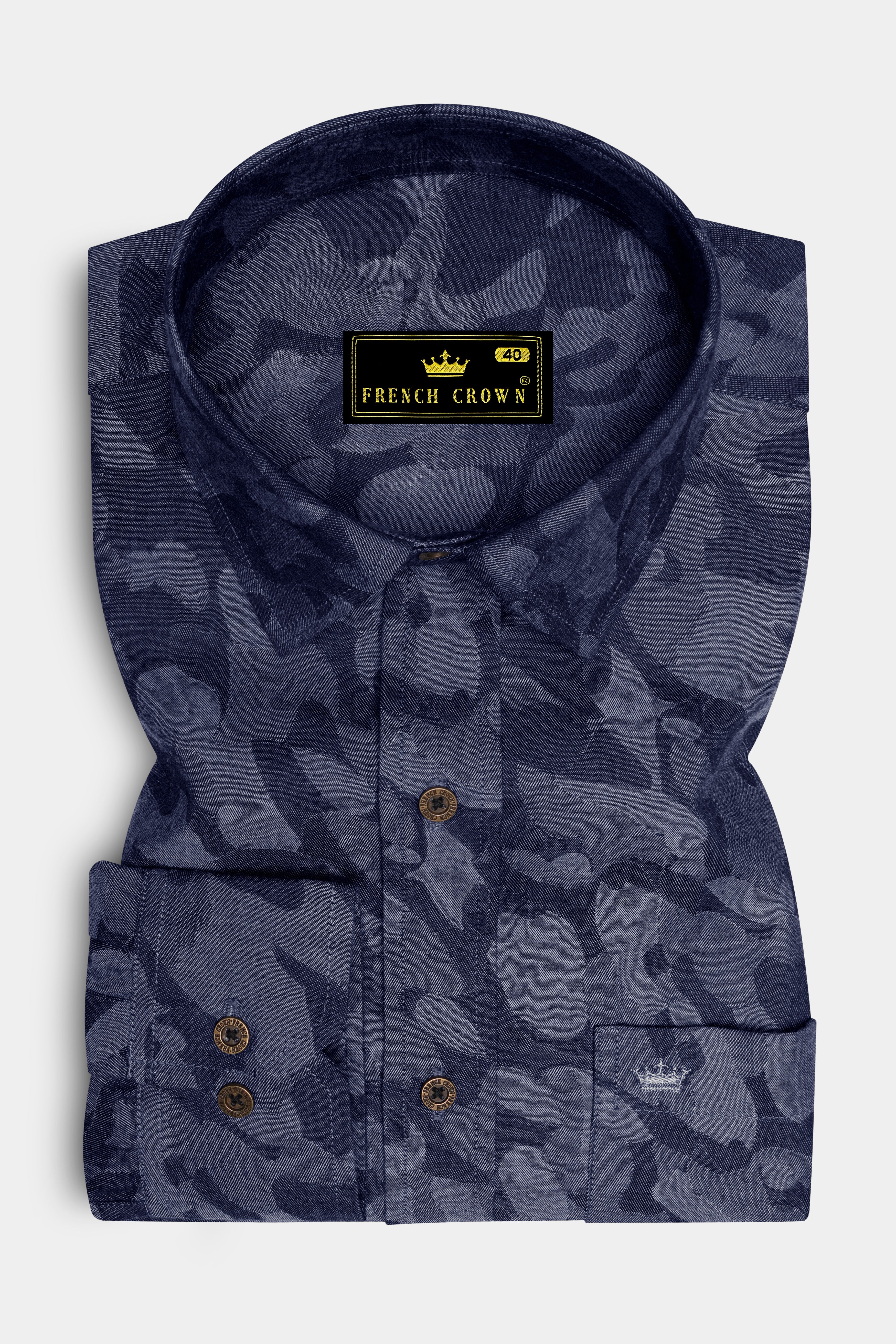 Denicrest-Sapphire Denim Blue Camouflage Printed Super Soft Premium Cotton Casual Shirt