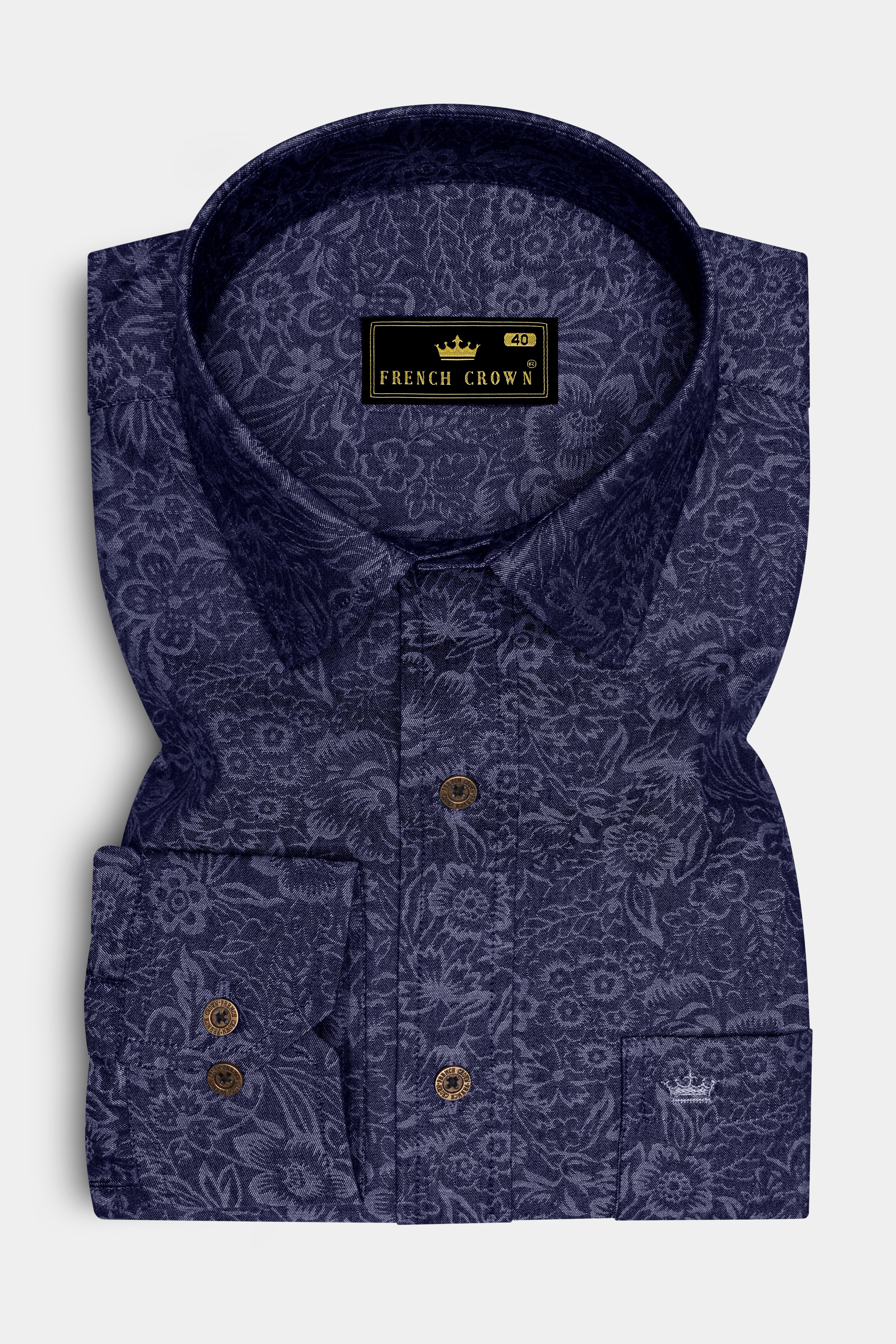 Retrovia-Retro Denim Blue Floral Printed Super Soft Premium Cotton Casual Shirt