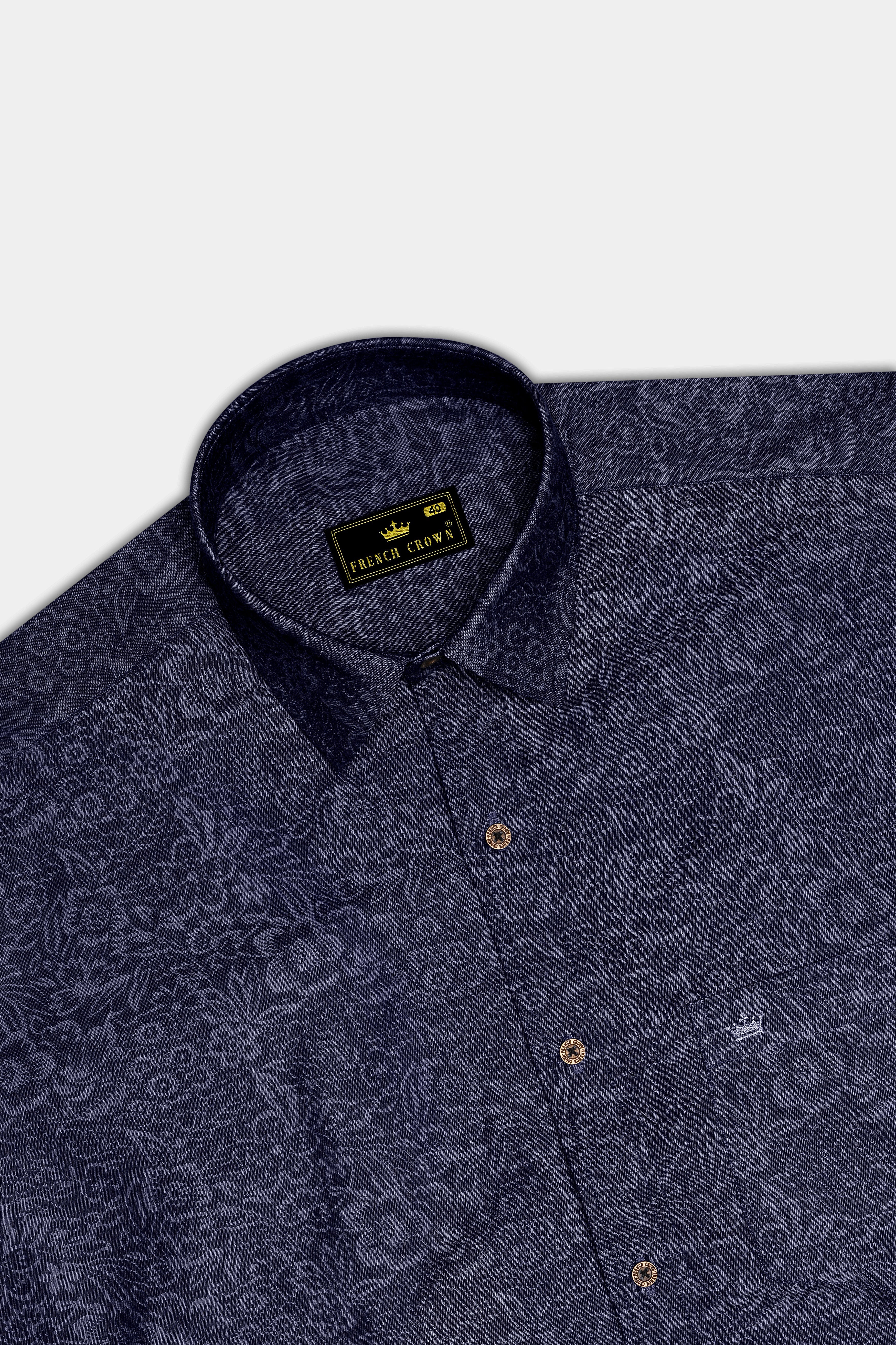 Retrovia-Retro Denim Blue Floral Printed Super Soft Premium Cotton Casual Shirt