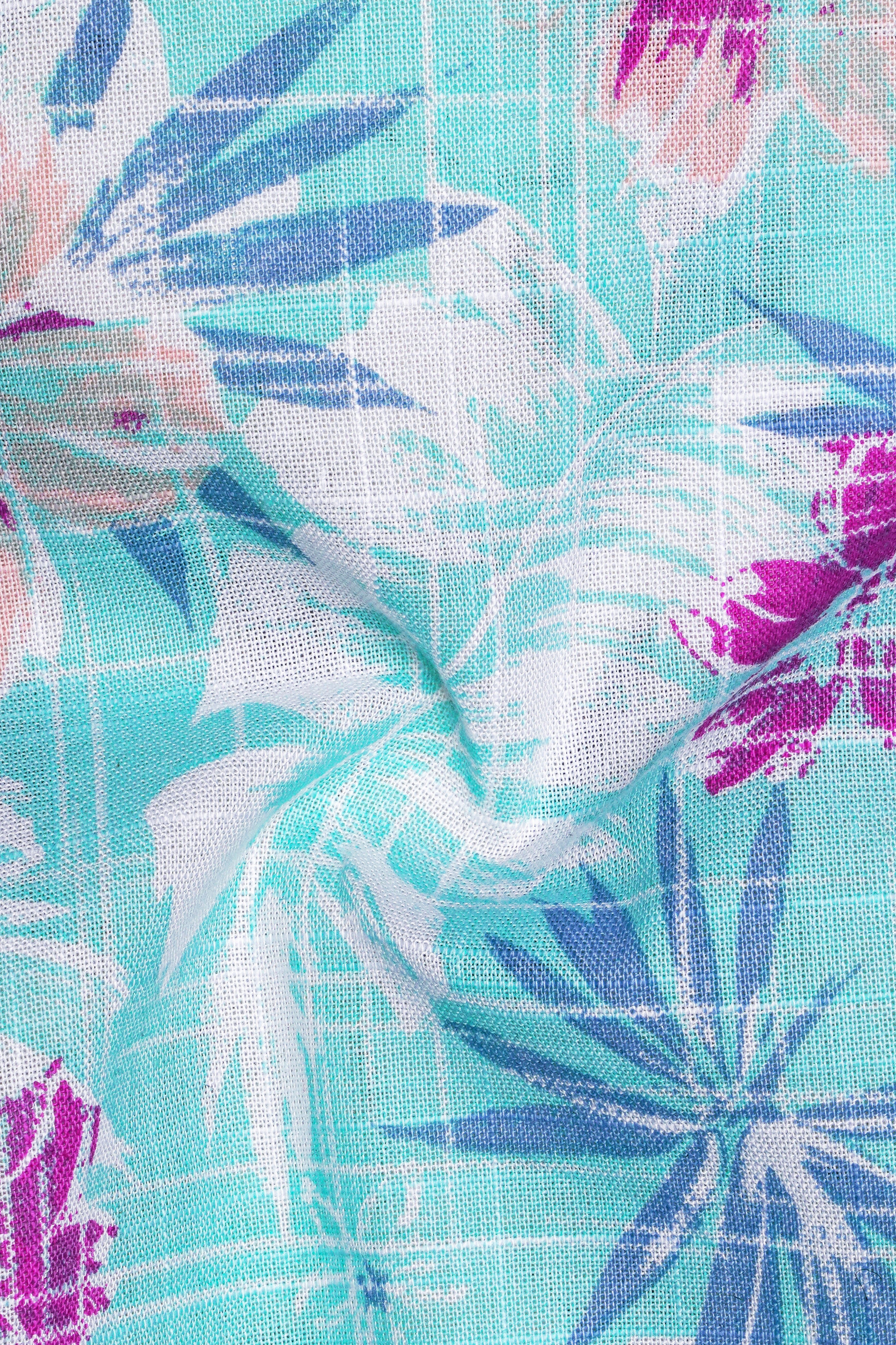 Tropivell-Tiffany Blue And Plum Pink Tropical Breeze Printed Luxurious Linen Casual Shirt